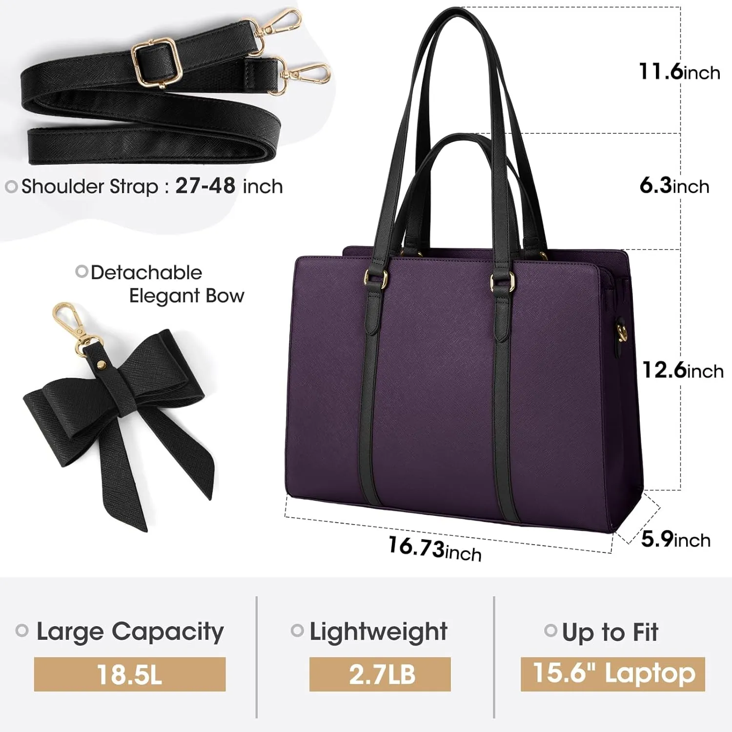 Laptop Bag for Women 15.6 inch Laptop Tote Bag Waterproof Leather Computer Bag Large Lightweight Briefcase Professional Business Office Work Bag, Dark Purple with Black