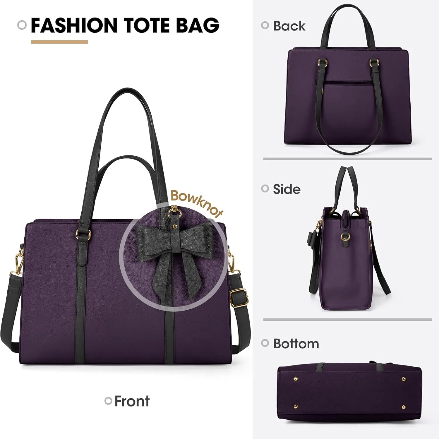 Laptop Bag for Women 15.6 inch Laptop Tote Bag Waterproof Leather Computer Bag Large Lightweight Briefcase Professional Business Office Work Bag, Dark Purple with Black