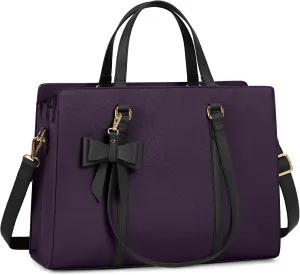 Laptop Bag for Women 15.6 inch Laptop Tote Bag Waterproof Leather Computer Bag Large Lightweight Briefcase Professional Business Office Work Bag, Dark Purple with Black