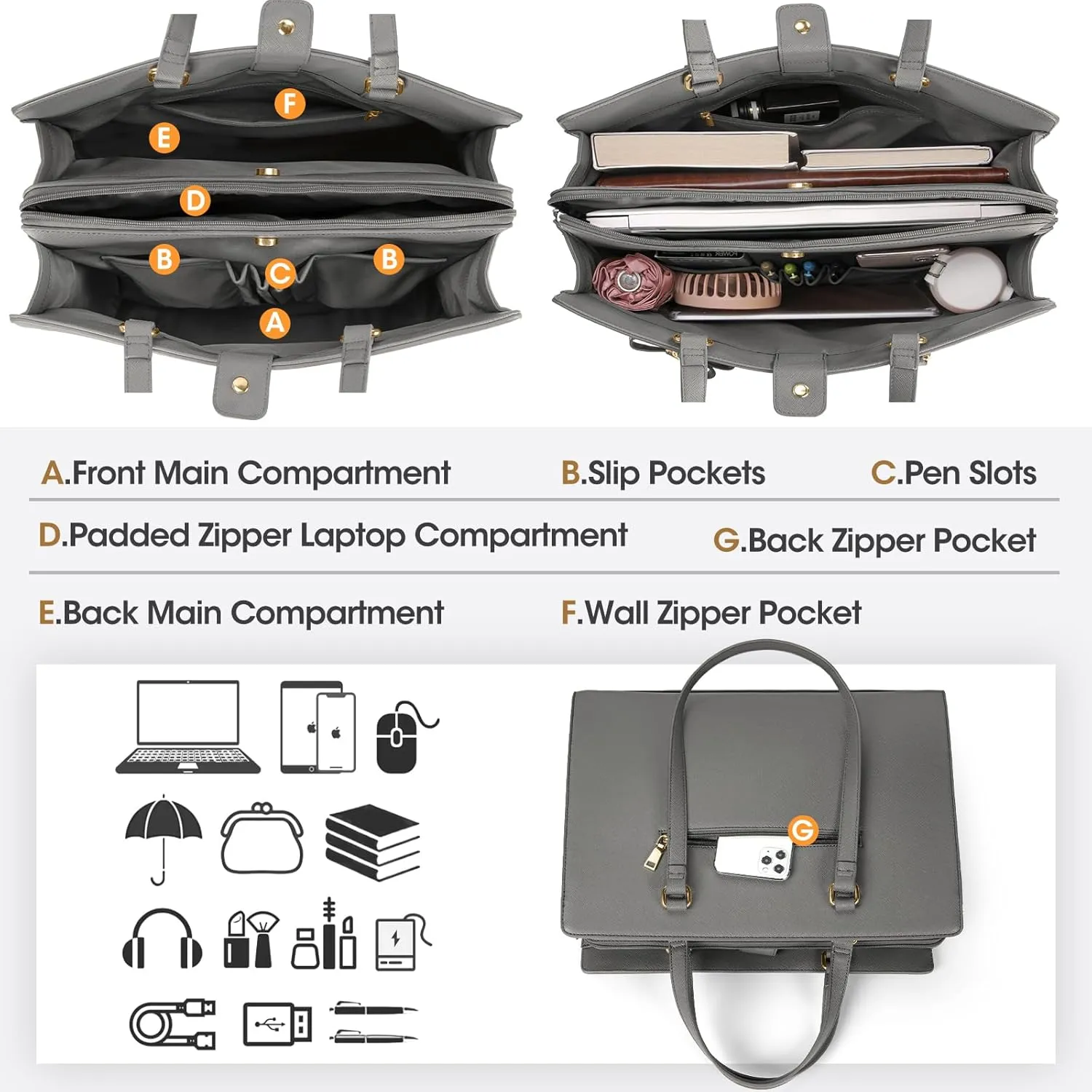 Laptop Bag for Women 15.6 inch Laptop Tote Bag Waterproof Leather Computer Bag Large Lightweight Briefcase Professional Business Office Work Bag Gray
