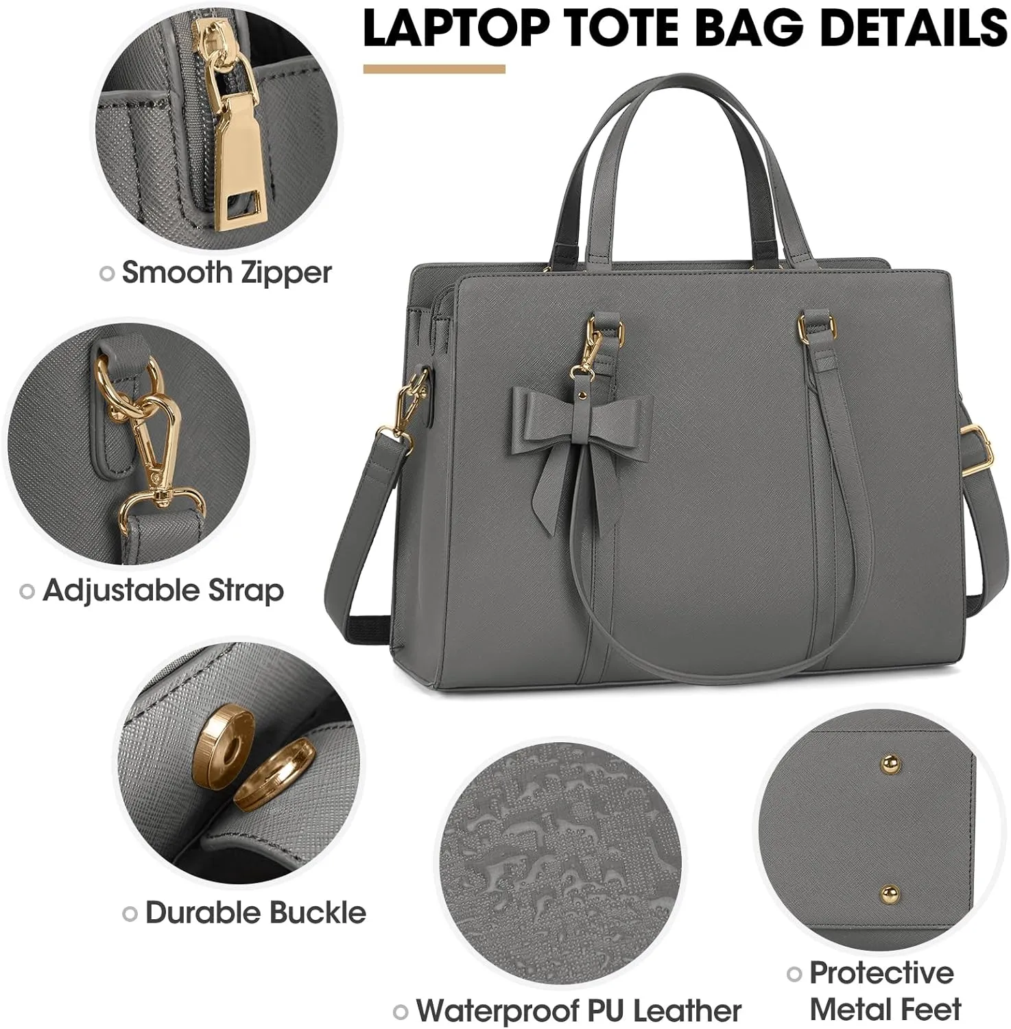 Laptop Bag for Women 15.6 inch Laptop Tote Bag Waterproof Leather Computer Bag Large Lightweight Briefcase Professional Business Office Work Bag Gray