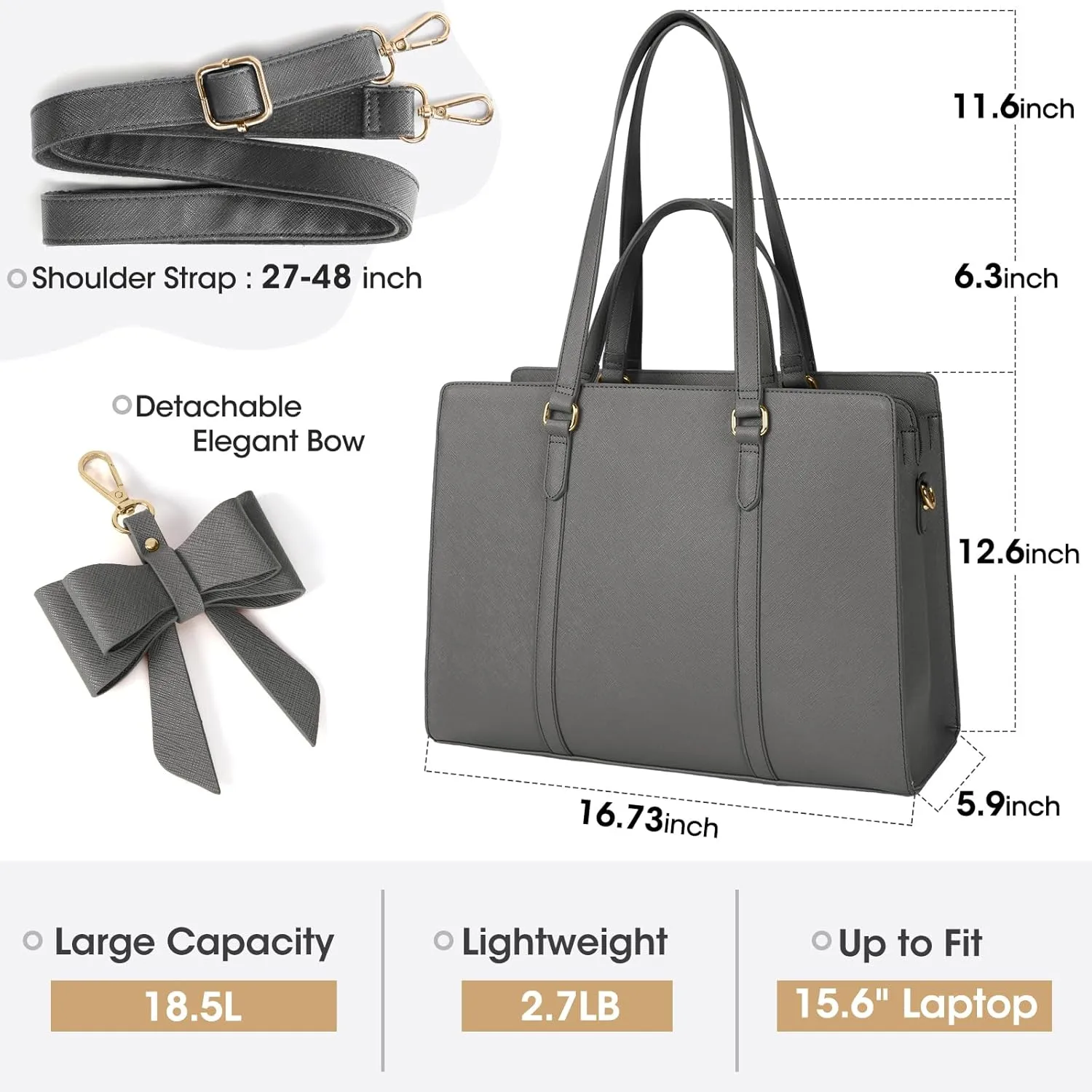 Laptop Bag for Women 15.6 inch Laptop Tote Bag Waterproof Leather Computer Bag Large Lightweight Briefcase Professional Business Office Work Bag Gray