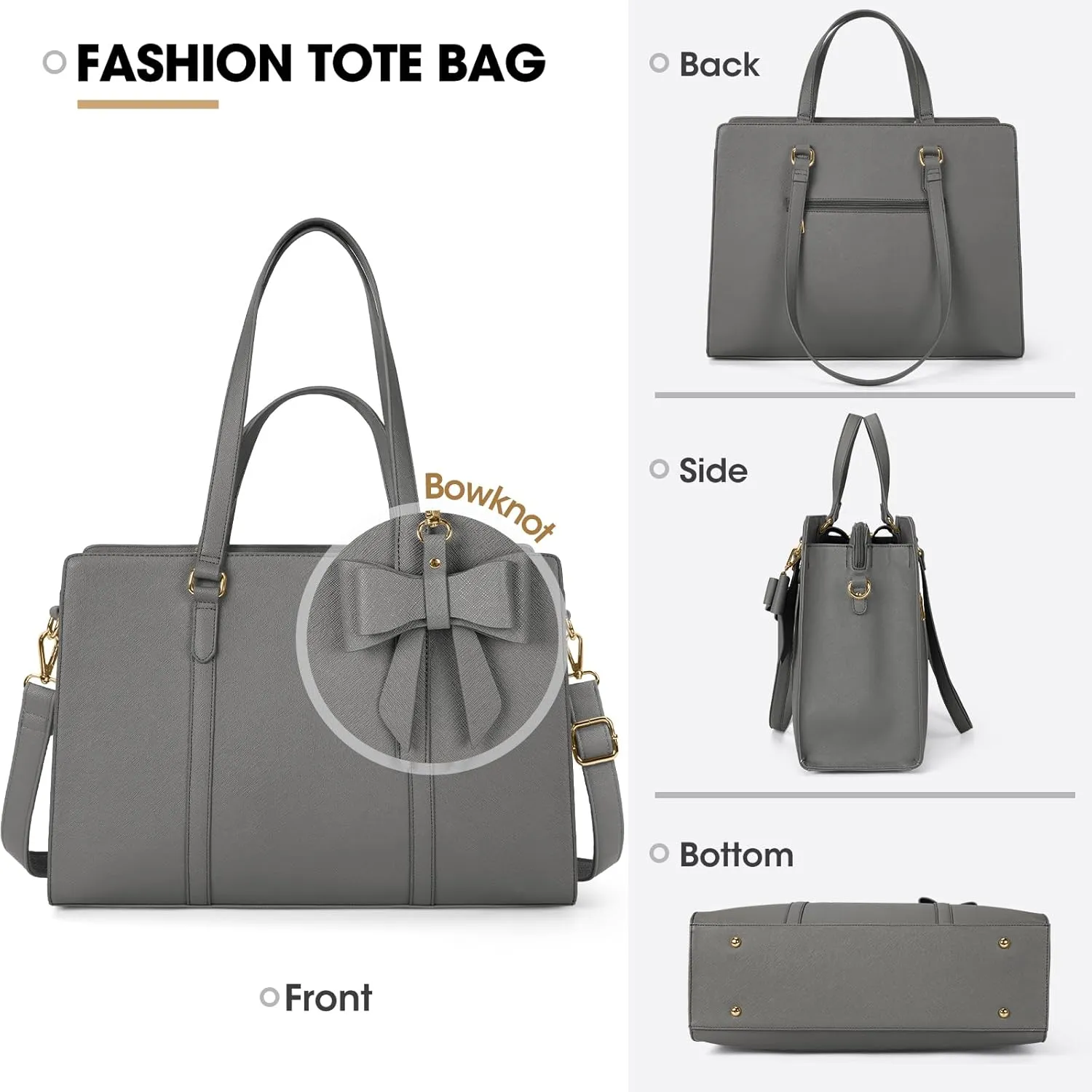 Laptop Bag for Women 15.6 inch Laptop Tote Bag Waterproof Leather Computer Bag Large Lightweight Briefcase Professional Business Office Work Bag Gray