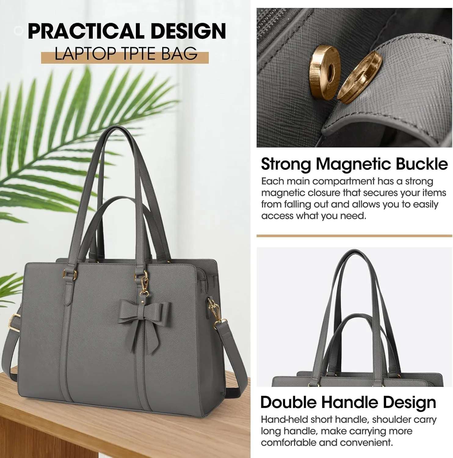Laptop Bag for Women 15.6 inch Laptop Tote Bag Waterproof Leather Computer Bag Large Lightweight Briefcase Professional Business Office Work Bag Gray