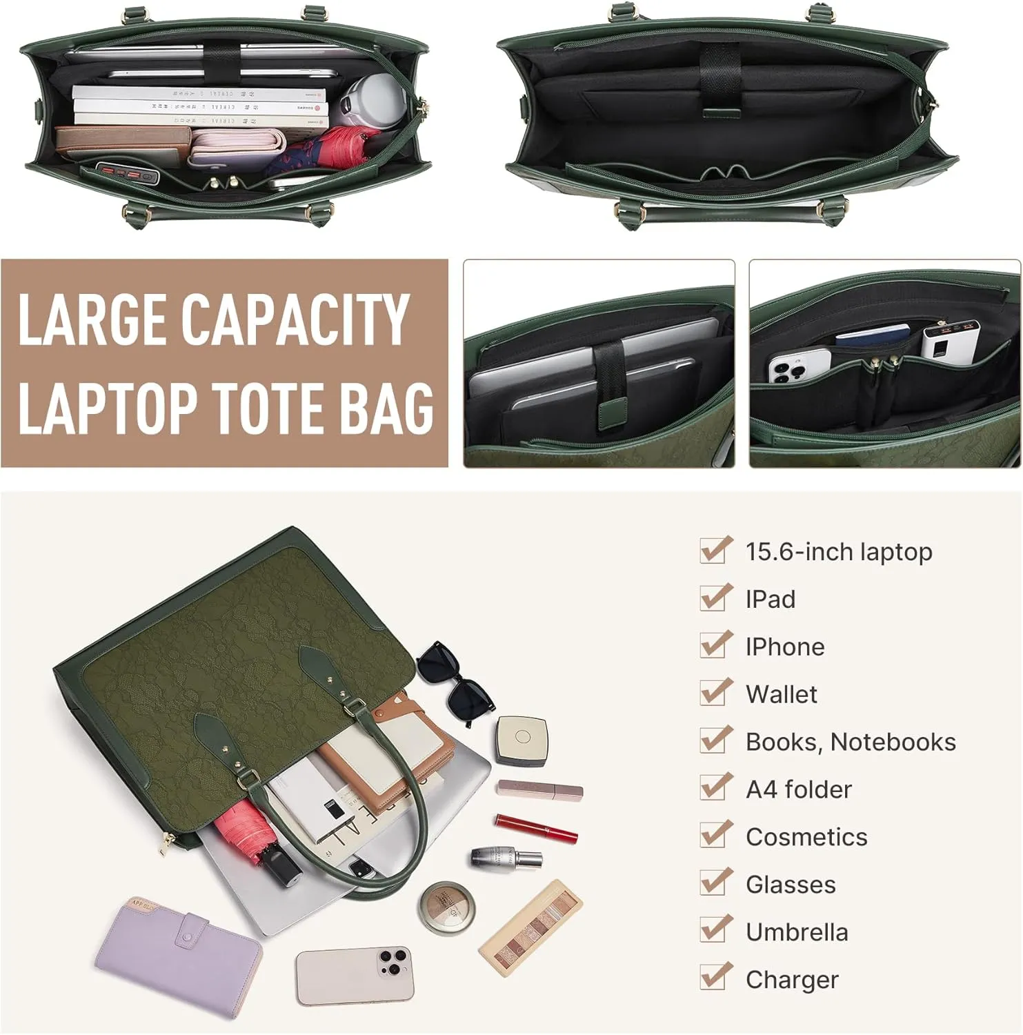 Laptop Bag for Women 15.6 Inch Work Tote Bag for Women,Leather Computer Bags Waterproof Tote Professional Briefcase,Large Capacity Business Office Bag for Work
