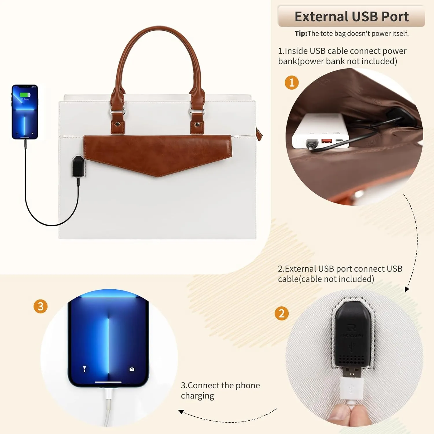 Laptop Tote Bag for Women, 17 Inch Laptop Bag Waterproof Leather Computer Tote Bag, Large Work Bag with USB Charging Port, Womens Briefcase Business Office Handbag Work Shoulder Bag, White