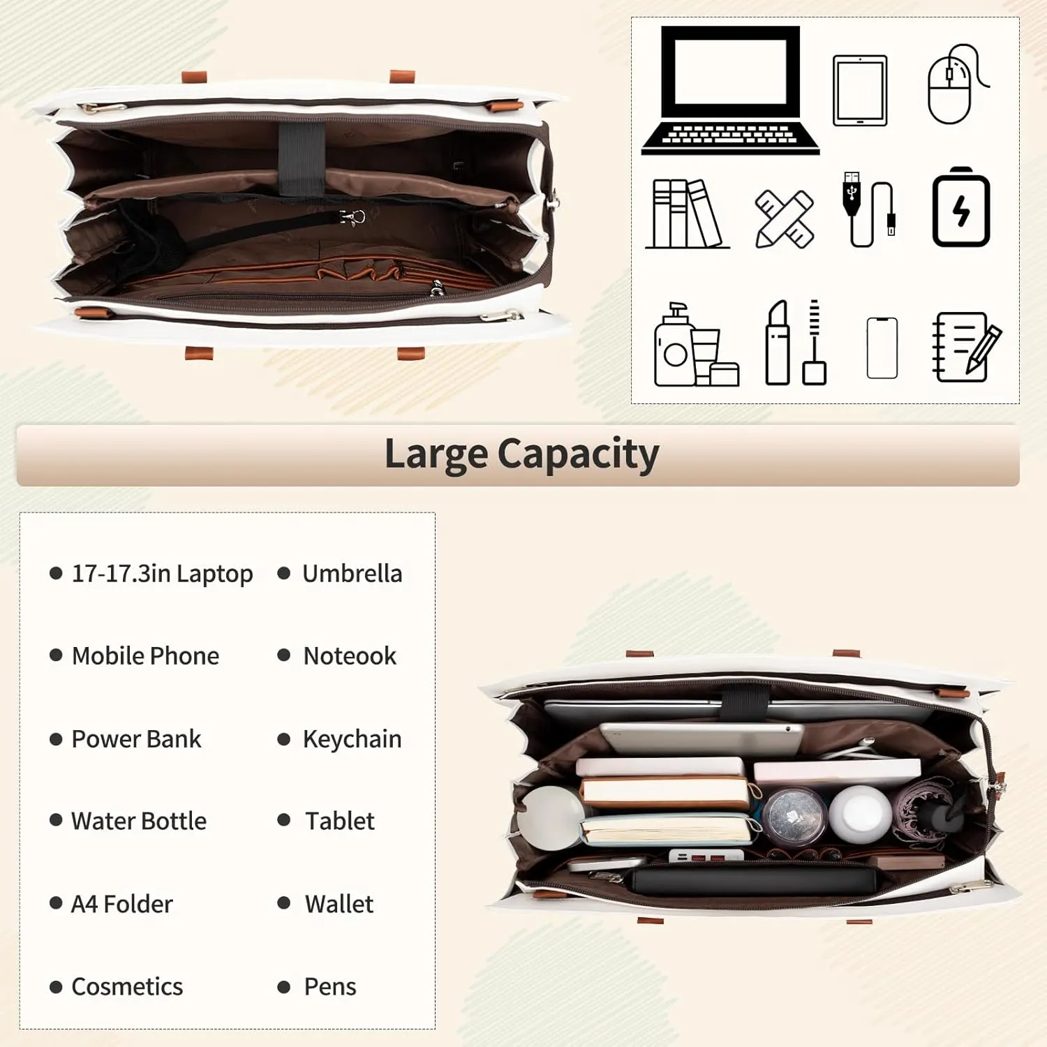 Laptop Tote Bag for Women, 17 Inch Laptop Bag Waterproof Leather Computer Tote Bag, Large Work Bag with USB Charging Port, Womens Briefcase Business Office Handbag Work Shoulder Bag, White