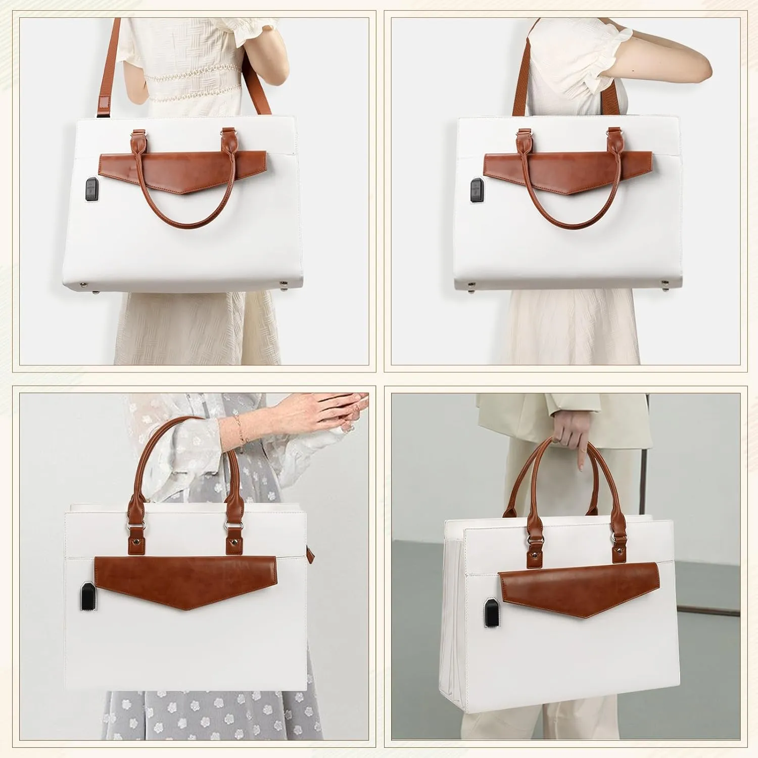 Laptop Tote Bag for Women, 17 Inch Laptop Bag Waterproof Leather Computer Tote Bag, Large Work Bag with USB Charging Port, Womens Briefcase Business Office Handbag Work Shoulder Bag, White