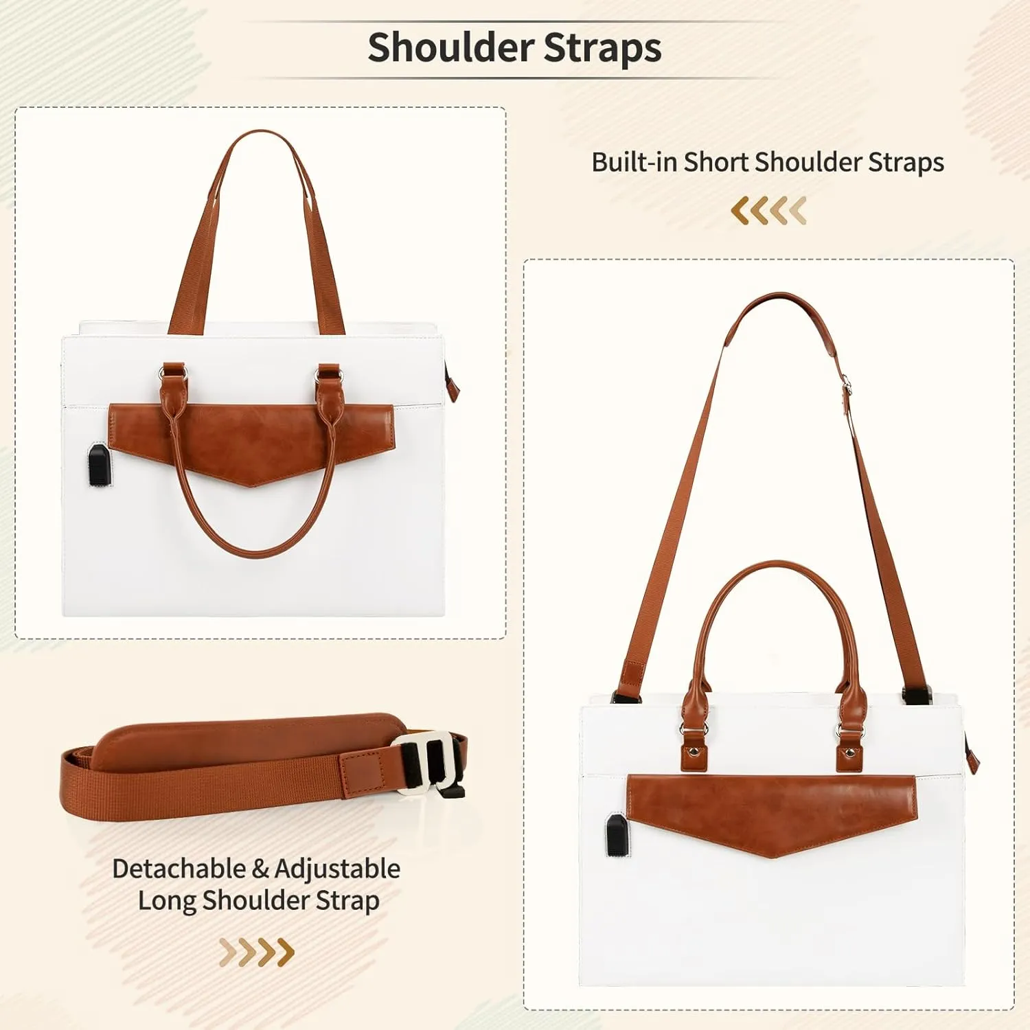 Laptop Tote Bag for Women, 17 Inch Laptop Bag Waterproof Leather Computer Tote Bag, Large Work Bag with USB Charging Port, Womens Briefcase Business Office Handbag Work Shoulder Bag, White