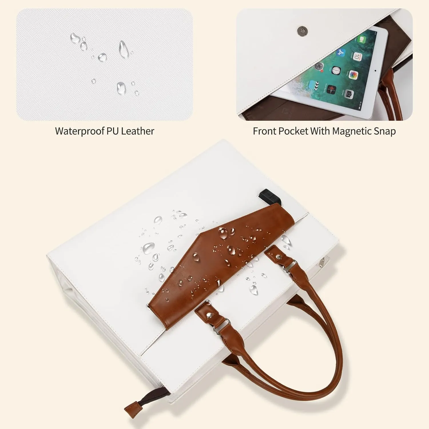 Laptop Tote Bag for Women, 17 Inch Laptop Bag Waterproof Leather Computer Tote Bag, Large Work Bag with USB Charging Port, Womens Briefcase Business Office Handbag Work Shoulder Bag, White