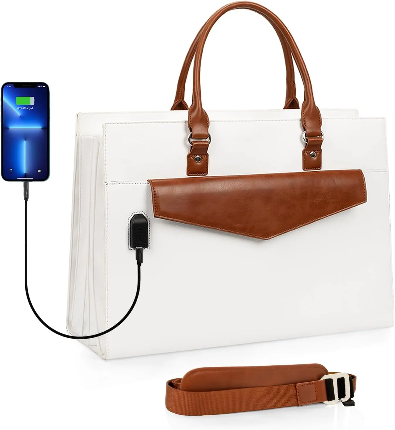 Laptop Tote Bag for Women, 17 Inch Laptop Bag Waterproof Leather Computer Tote Bag, Large Work Bag with USB Charging Port, Womens Briefcase Business Office Handbag Work Shoulder Bag, White