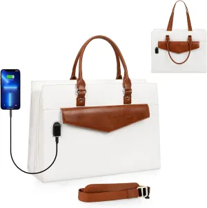 Laptop Tote Bag for Women, 17 Inch Laptop Bag Waterproof Leather Computer Tote Bag, Large Work Bag with USB Charging Port, Womens Briefcase Business Office Handbag Work Shoulder Bag, White