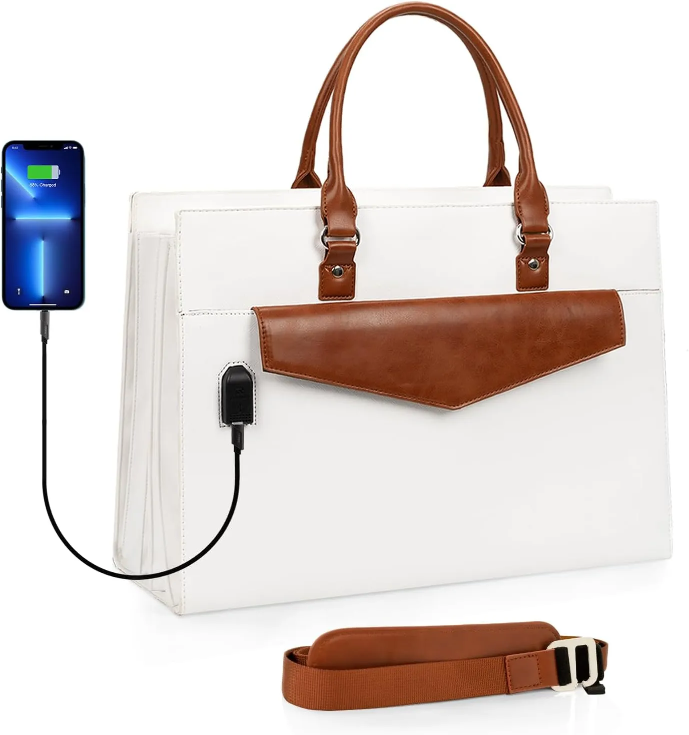 Laptop Tote Bag for Women, 17 Inch Laptop Bag Waterproof Leather Computer Tote Bag, Large Work Bag with USB Charging Port, Womens Briefcase Business Office Handbag Work Shoulder Bag, White
