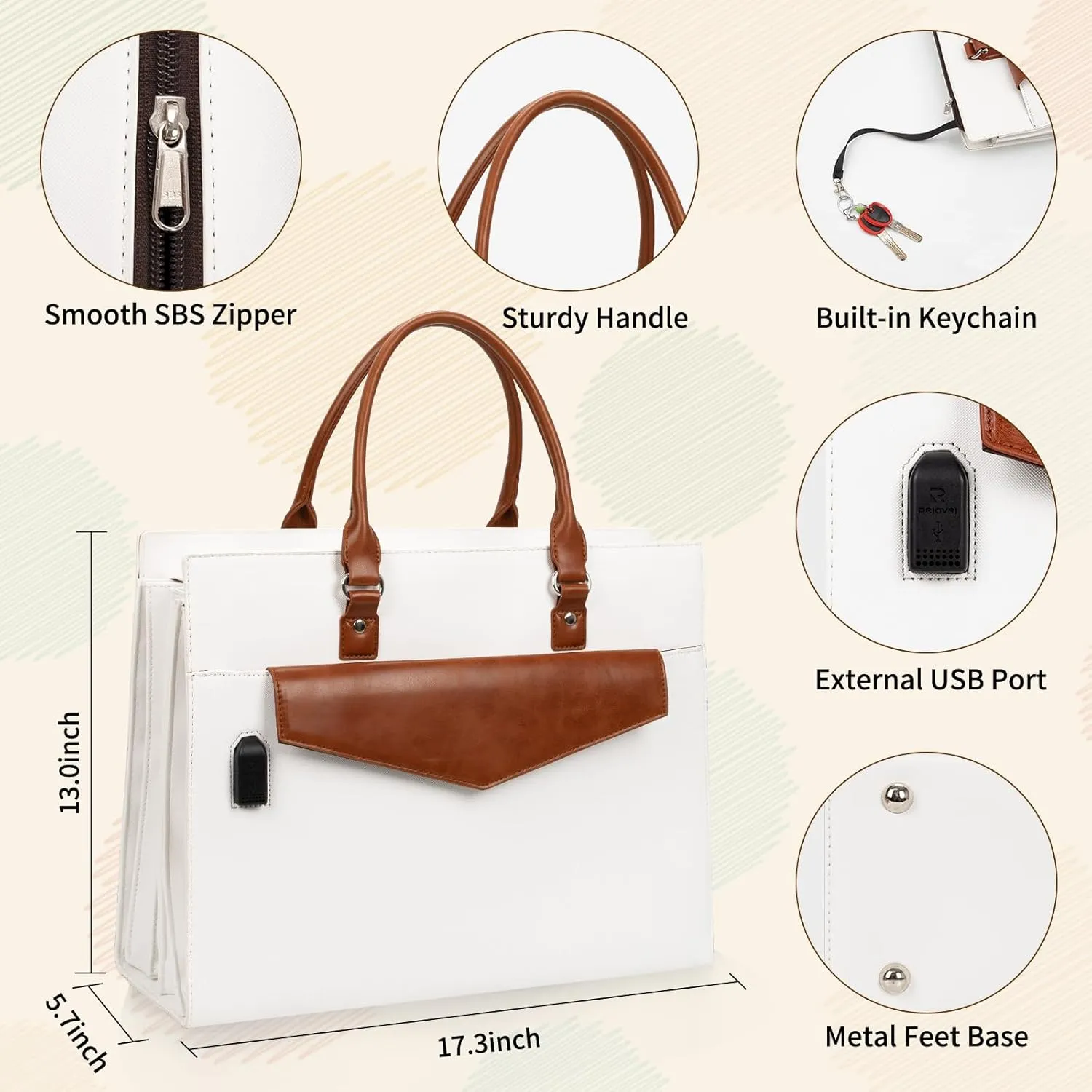 Laptop Tote Bag for Women, 17 Inch Laptop Bag Waterproof Leather Computer Tote Bag, Large Work Bag with USB Charging Port, Womens Briefcase Business Office Handbag Work Shoulder Bag, White