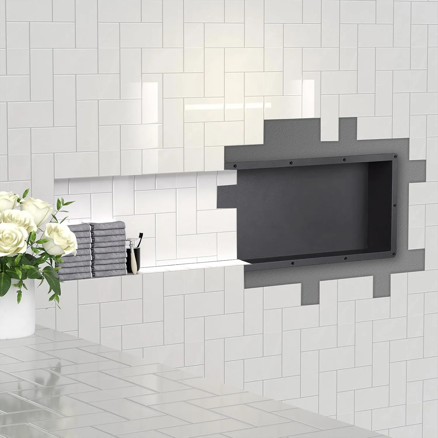 Large Rectangle Shower Niche 14" x 50"(Inside 12" x 48") with Mosaic MESH - Shower Niche Insert Tile Ready for Shower Wall Shelf - for Shampoo & Toiletry Storage Flush Mount Installation