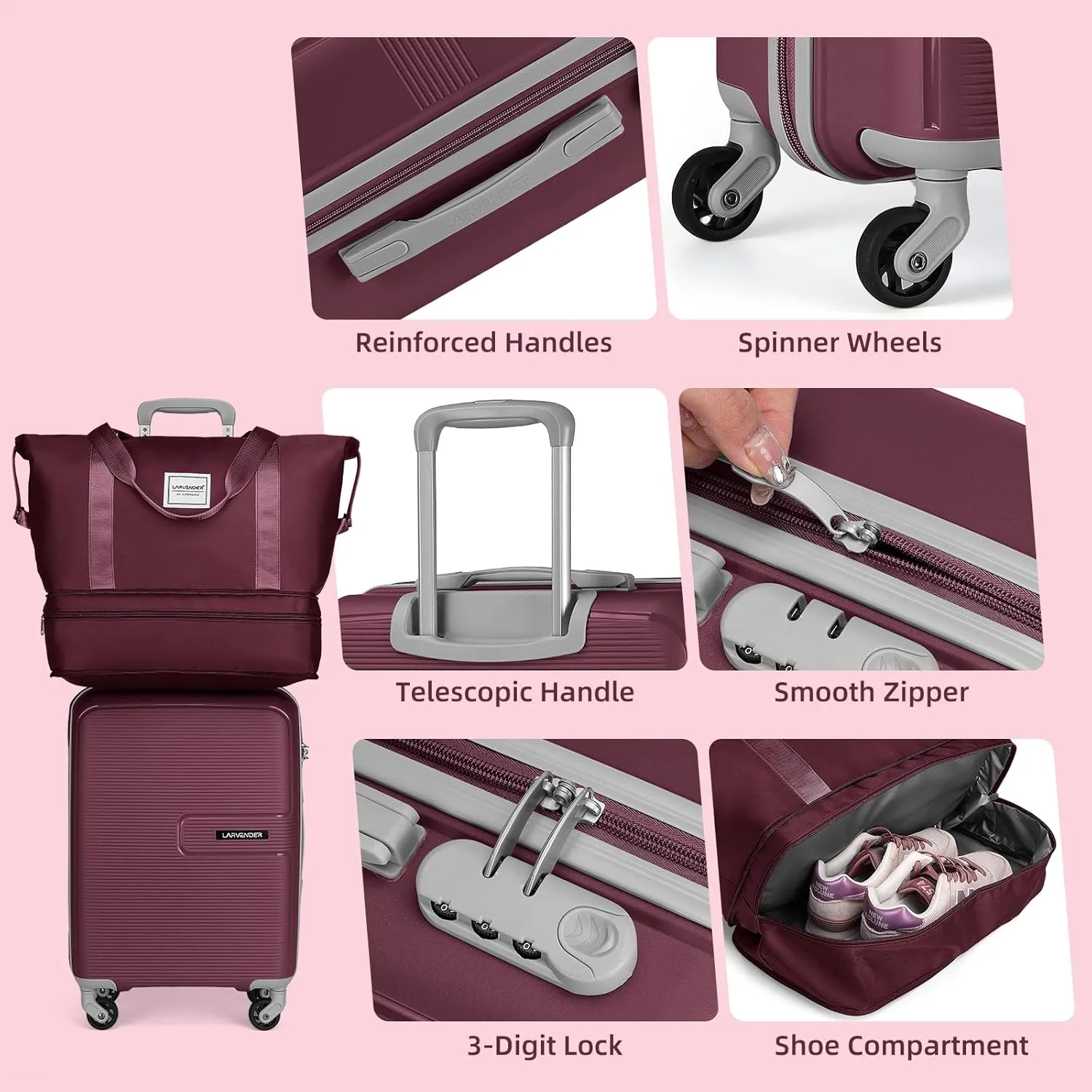 LARVENDER Luggage Sets 3 Piece, Hardside 20 IN Carry on Luggage Airline Approved Suitcase Sets with Spinner Wheels, Lightweight Rolling Suitcase for Men and Women, Burgundy