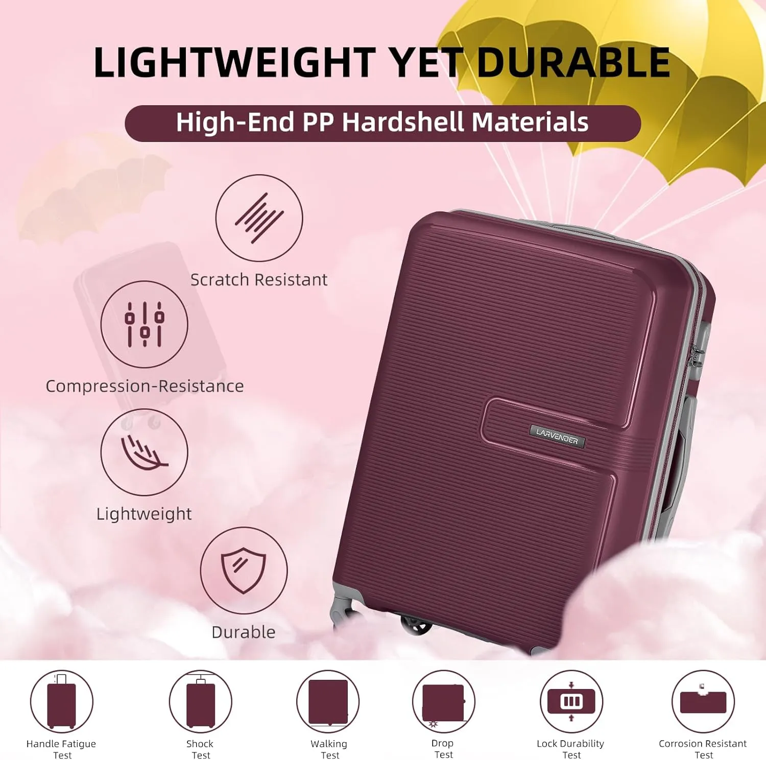 LARVENDER Luggage Sets 3 Piece, Hardside 20 IN Carry on Luggage Airline Approved Suitcase Sets with Spinner Wheels, Lightweight Rolling Suitcase for Men and Women, Burgundy