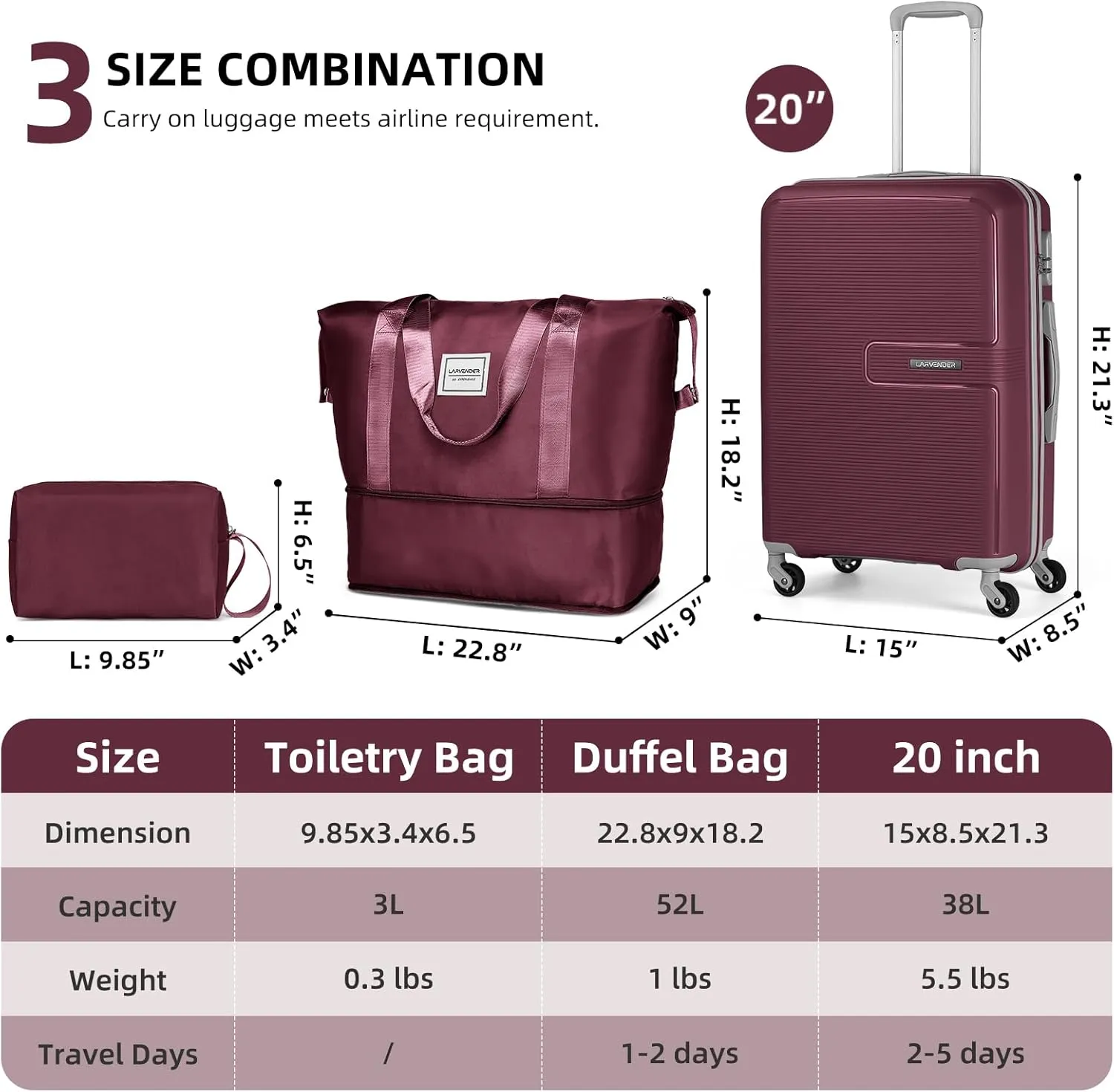 LARVENDER Luggage Sets 3 Piece, Hardside 20 IN Carry on Luggage Airline Approved Suitcase Sets with Spinner Wheels, Lightweight Rolling Suitcase for Men and Women, Burgundy