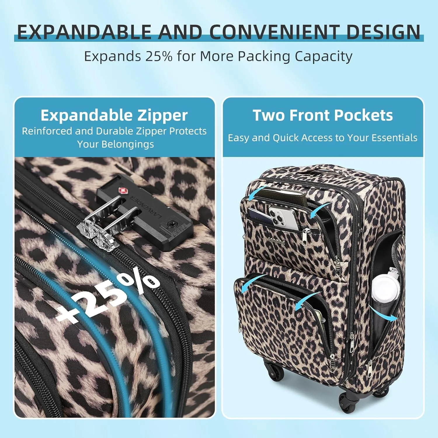 LARVENDER Softside Carry On Luggage 3 Piece, Expandable Carry On Luggage 22x14x9 Airline Approved 20-inch Carry on Suitcase with Spinner Wheels for Men Women, TSA Lock, Leopard (20/BP/TB)