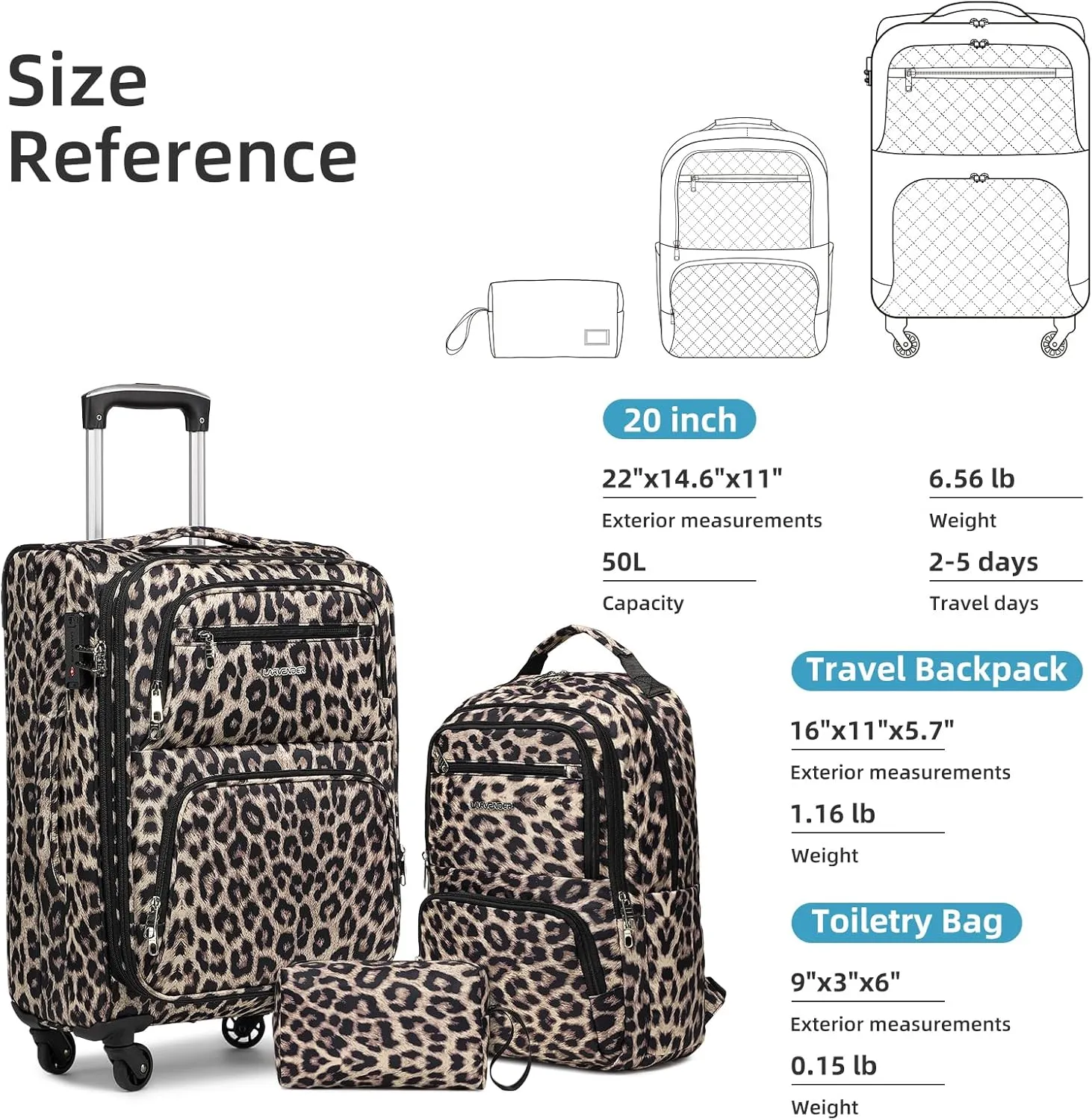 LARVENDER Softside Carry On Luggage 3 Piece, Expandable Carry On Luggage 22x14x9 Airline Approved 20-inch Carry on Suitcase with Spinner Wheels for Men Women, TSA Lock, Leopard (20/BP/TB)