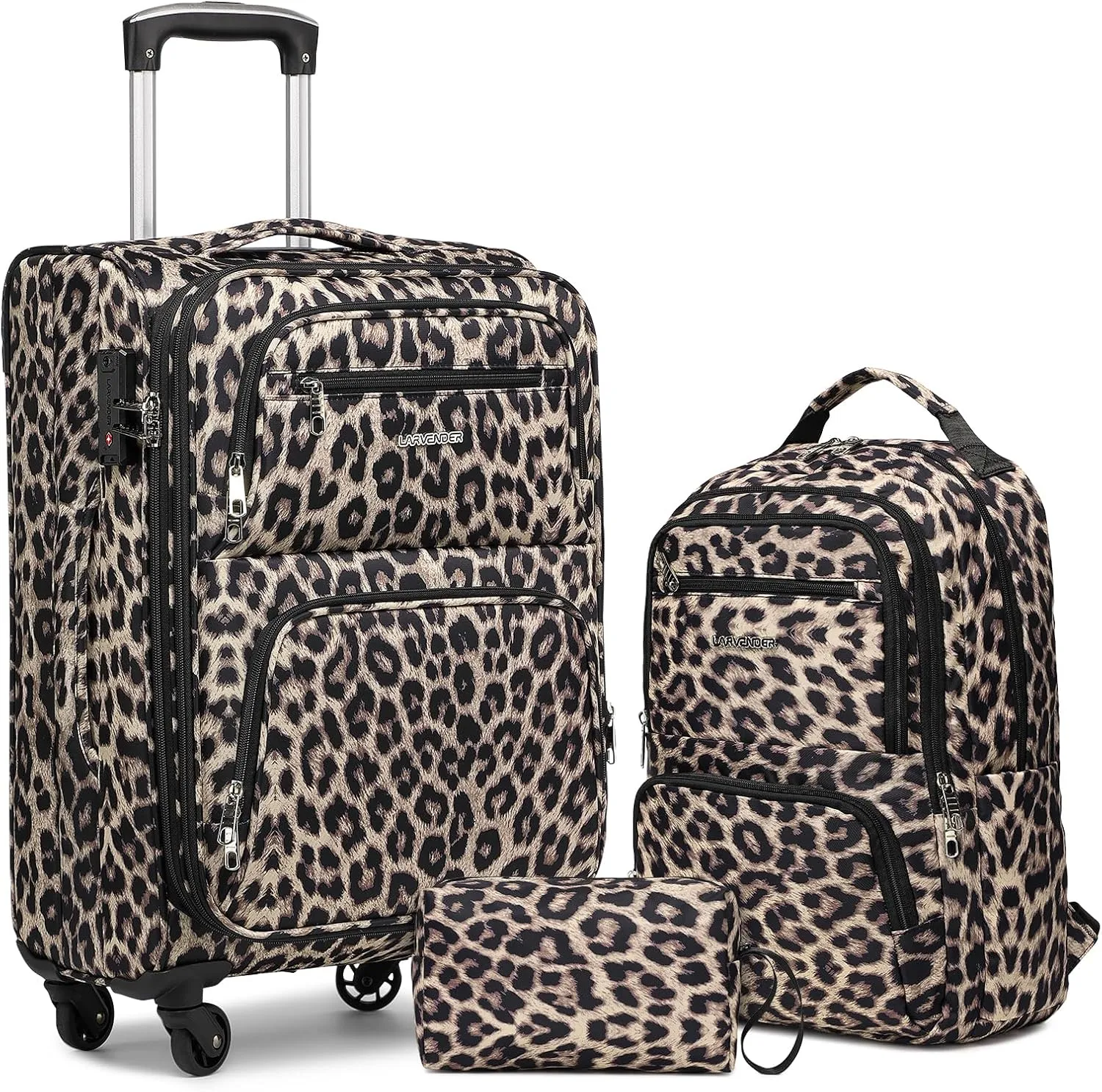 LARVENDER Softside Carry On Luggage 3 Piece, Expandable Carry On Luggage 22x14x9 Airline Approved 20-inch Carry on Suitcase with Spinner Wheels for Men Women, TSA Lock, Leopard (20/BP/TB)