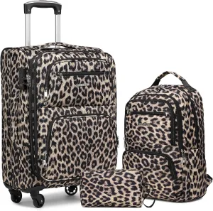 LARVENDER Softside Carry On Luggage 3 Piece, Expandable Carry On Luggage 22x14x9 Airline Approved 20-inch Carry on Suitcase with Spinner Wheels for Men Women, TSA Lock, Leopard (20/BP/TB)