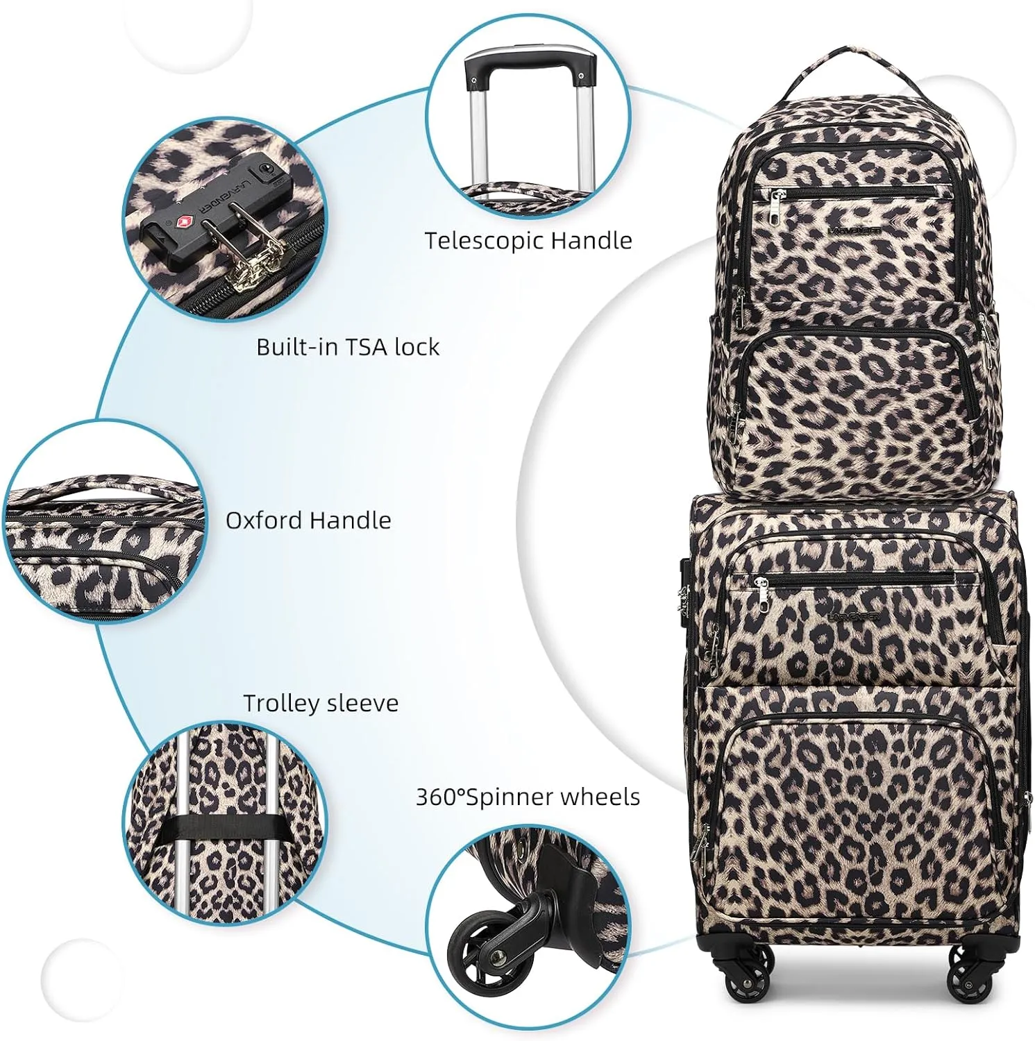LARVENDER Softside Carry On Luggage 3 Piece, Expandable Carry On Luggage 22x14x9 Airline Approved 20-inch Carry on Suitcase with Spinner Wheels for Men Women, TSA Lock, Leopard (20/BP/TB)