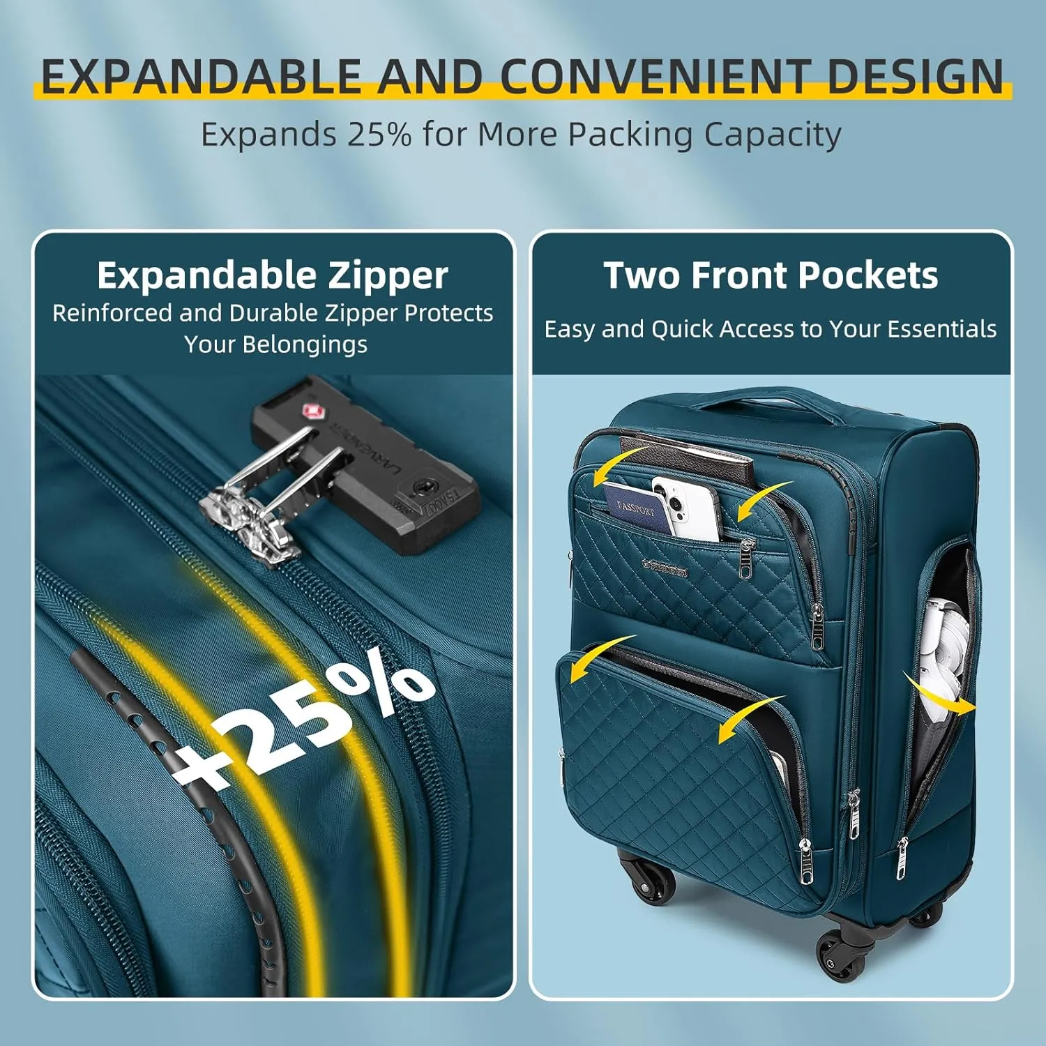 LARVENDER Softside Carry On Luggage 4 Piece, Expandable Carry On Luggage 22x14x9 Airline Approved Underseat Suitcase with Spinner Wheels TSA Lock, Blue (16/20/BP/TB)