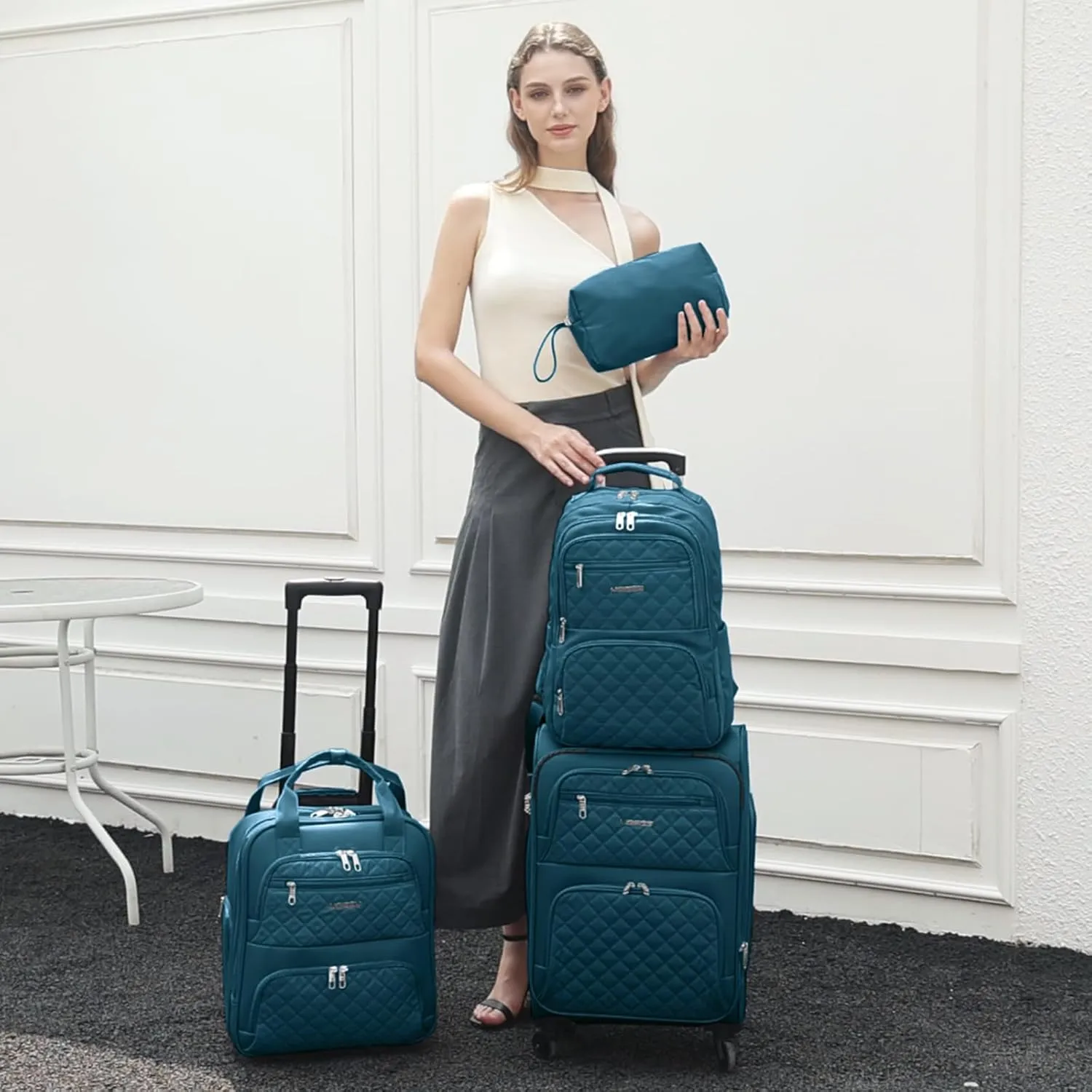 LARVENDER Softside Carry On Luggage 4 Piece, Expandable Carry On Luggage 22x14x9 Airline Approved Underseat Suitcase with Spinner Wheels TSA Lock, Blue (16/20/BP/TB)