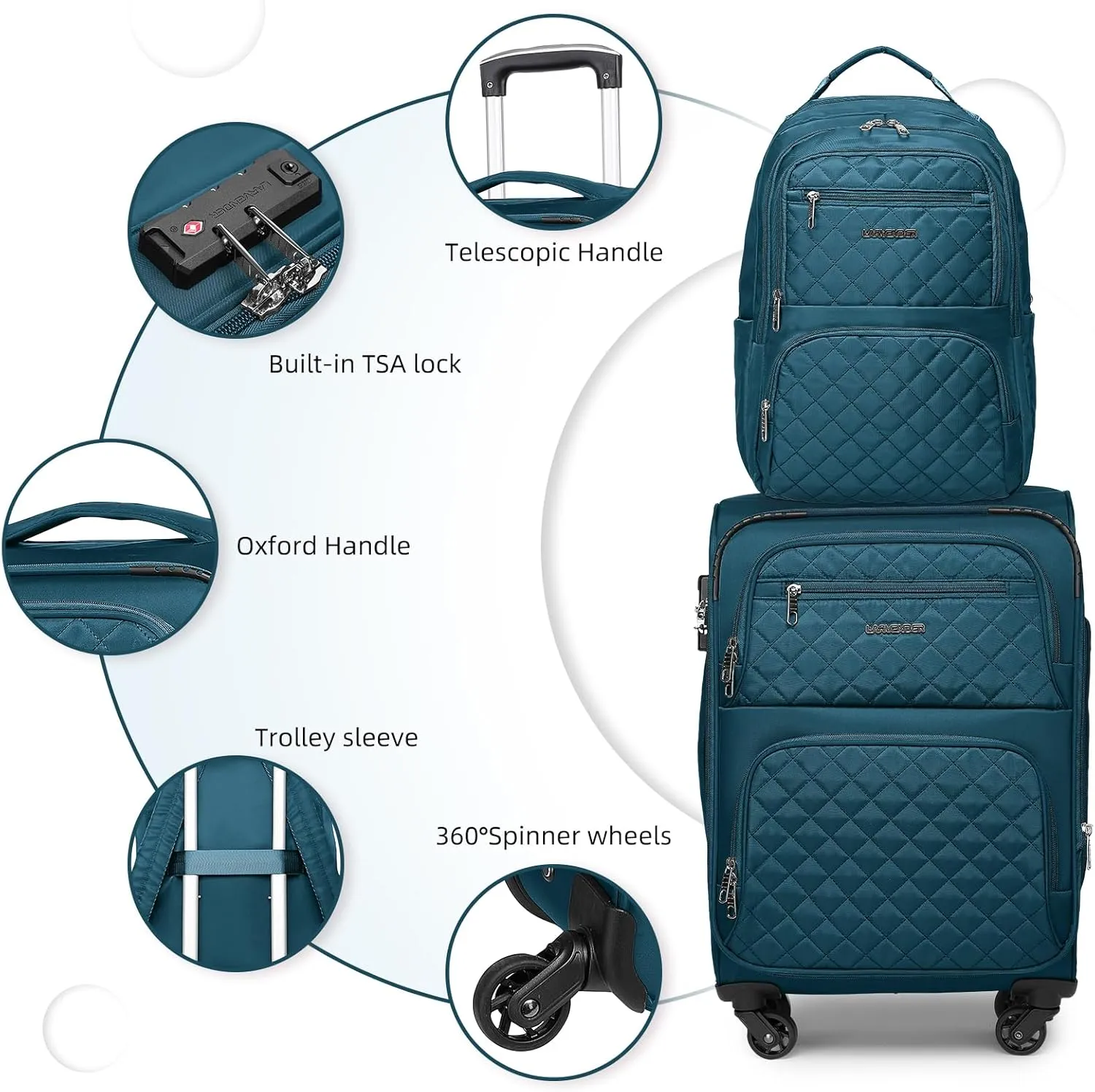 LARVENDER Softside Carry On Luggage 4 Piece, Expandable Carry On Luggage 22x14x9 Airline Approved Underseat Suitcase with Spinner Wheels TSA Lock, Blue (16/20/BP/TB)