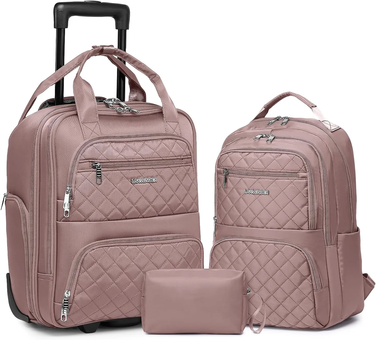 LARVENDER Underseat Carry On Luggage with Wheels Softside 16-inch Underseater Luggage Lightweight Overnight Suitcase for Men Women, Pink, 3 Piece (16/BP/TB)
