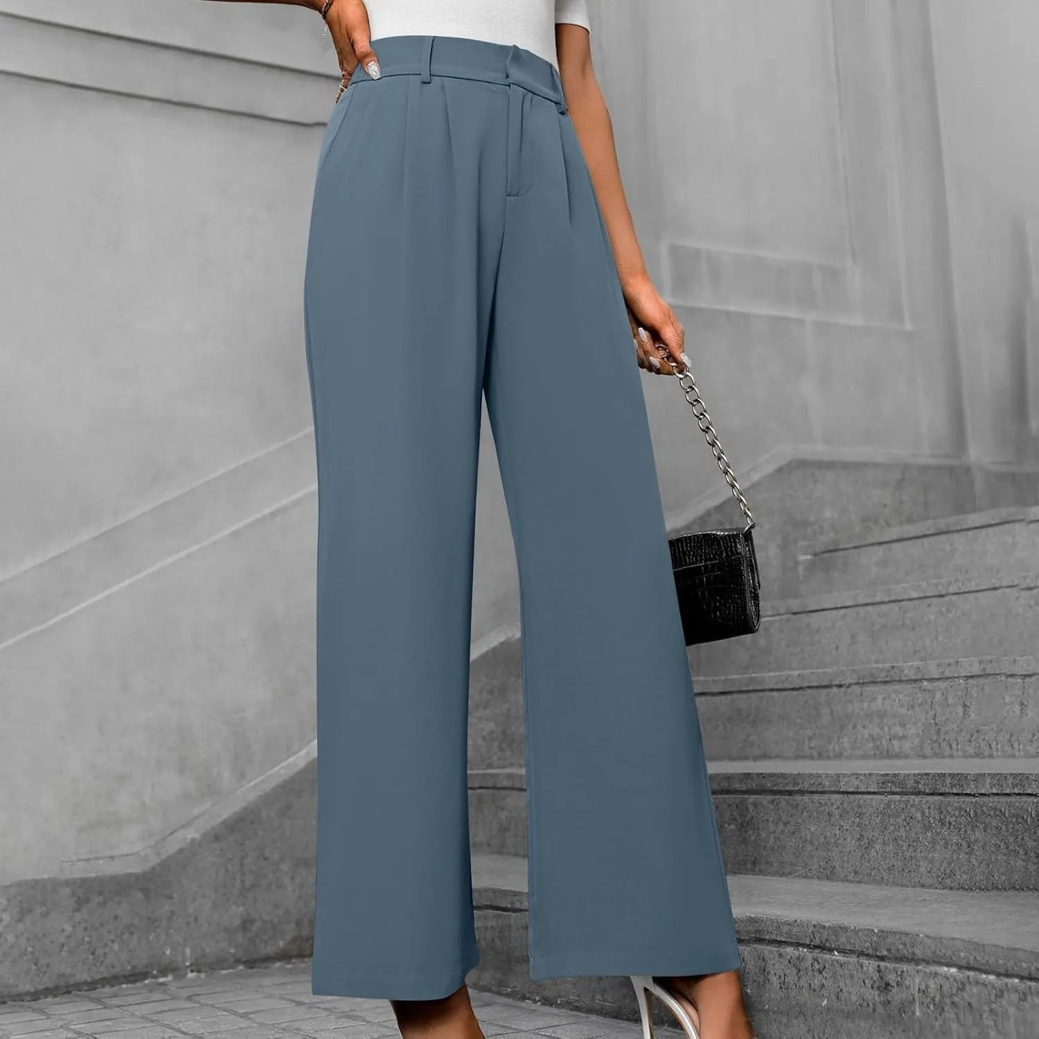 Lastesso Pants for Women Solid Straight Wide Leg Trousers with Pcoekts High Waisted Baggy Business Casual Suit Pants