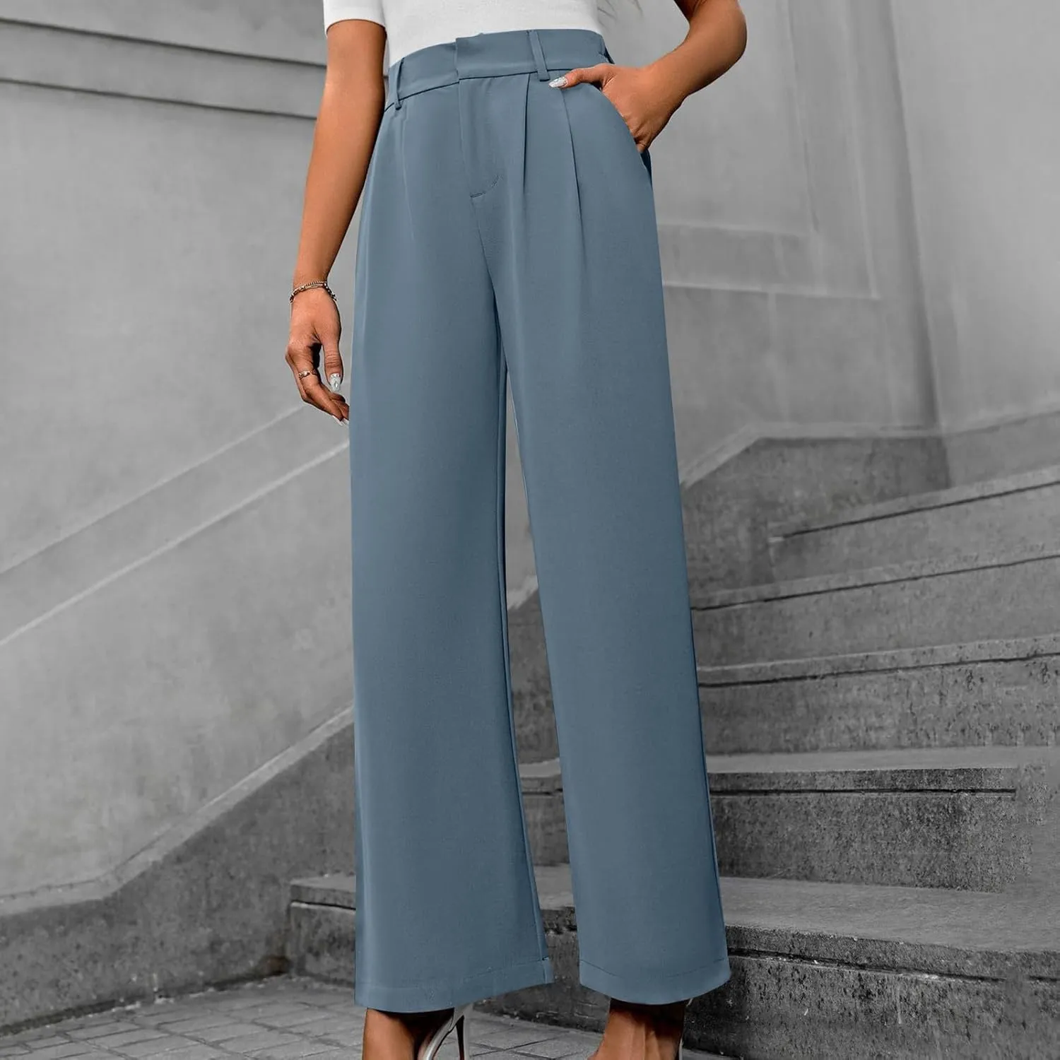Lastesso Pants for Women Solid Straight Wide Leg Trousers with Pcoekts High Waisted Baggy Business Casual Suit Pants