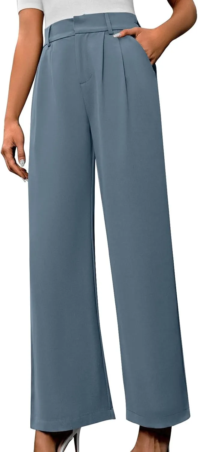 Lastesso Pants for Women Solid Straight Wide Leg Trousers with Pcoekts High Waisted Baggy Business Casual Suit Pants