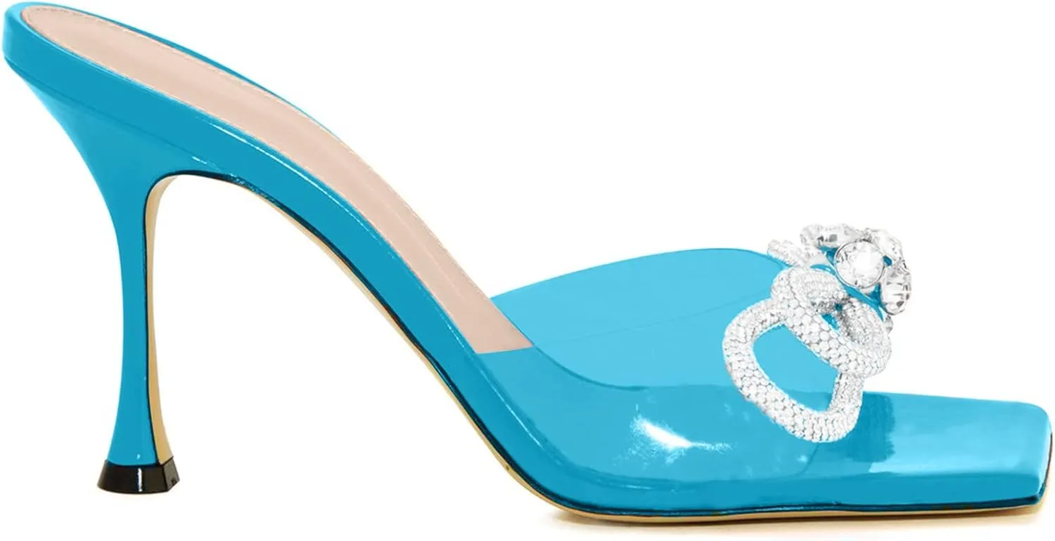 LauraVicci Women's Heeled Bow Mules Clear Sandals Square Open Toe Rhinestone Embellished Crystal Bowknot Transparent PVC Crystal Stiletto Slip On Evening Dress Party Wedding Shoes