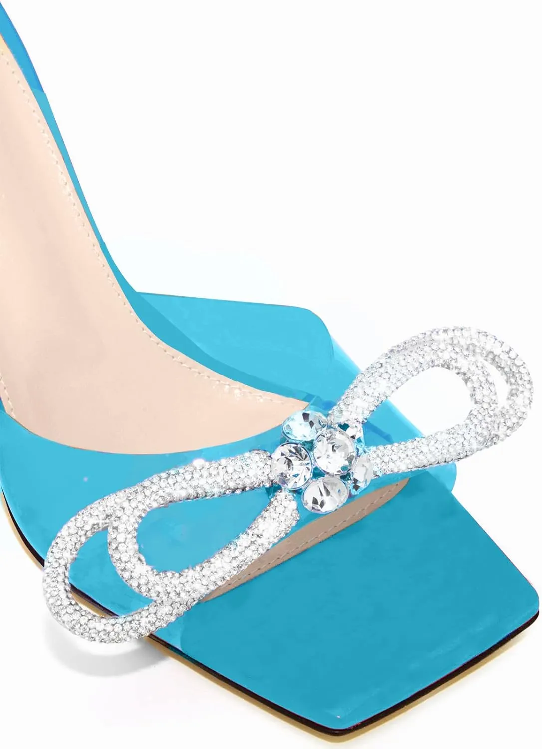 LauraVicci Women's Heeled Bow Mules Clear Sandals Square Open Toe Rhinestone Embellished Crystal Bowknot Transparent PVC Crystal Stiletto Slip On Evening Dress Party Wedding Shoes