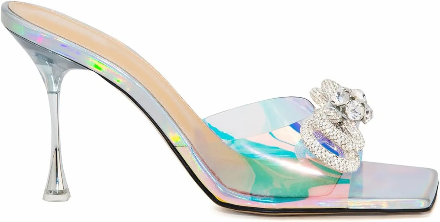 LauraVicci Women's Heeled Bow Mules Clear Sandals Square Open Toe Rhinestone Embellished Crystal Bowknot Transparent PVC Crystal Stiletto Slip On Evening Dress Party Wedding Shoes