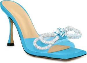 LauraVicci Women's Heeled Bow Mules Clear Sandals Square Open Toe Rhinestone Embellished Crystal Bowknot Transparent PVC Crystal Stiletto Slip On Evening Dress Party Wedding Shoes