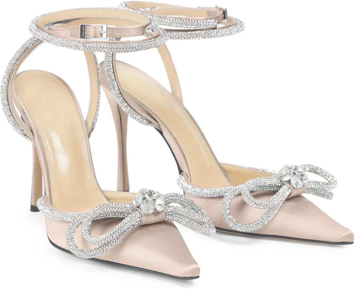 LauraVicci Women's Heeled Sandals Pointed Toe Crystal Embellished Bow Ankle Straps Rhinestone Buckle Stiletto Slip On Evening Dress Party Wedding Pumps Shoes