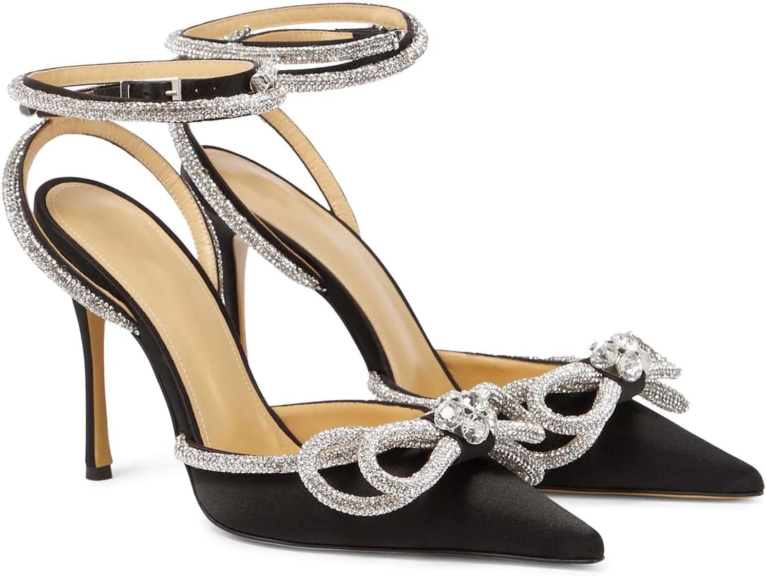 LauraVicci Women's Heeled Sandals Pointed Toe Crystal Embellished Bow Ankle Straps Rhinestone Buckle Stiletto Slip On Evening Dress Party Wedding Pumps Shoes