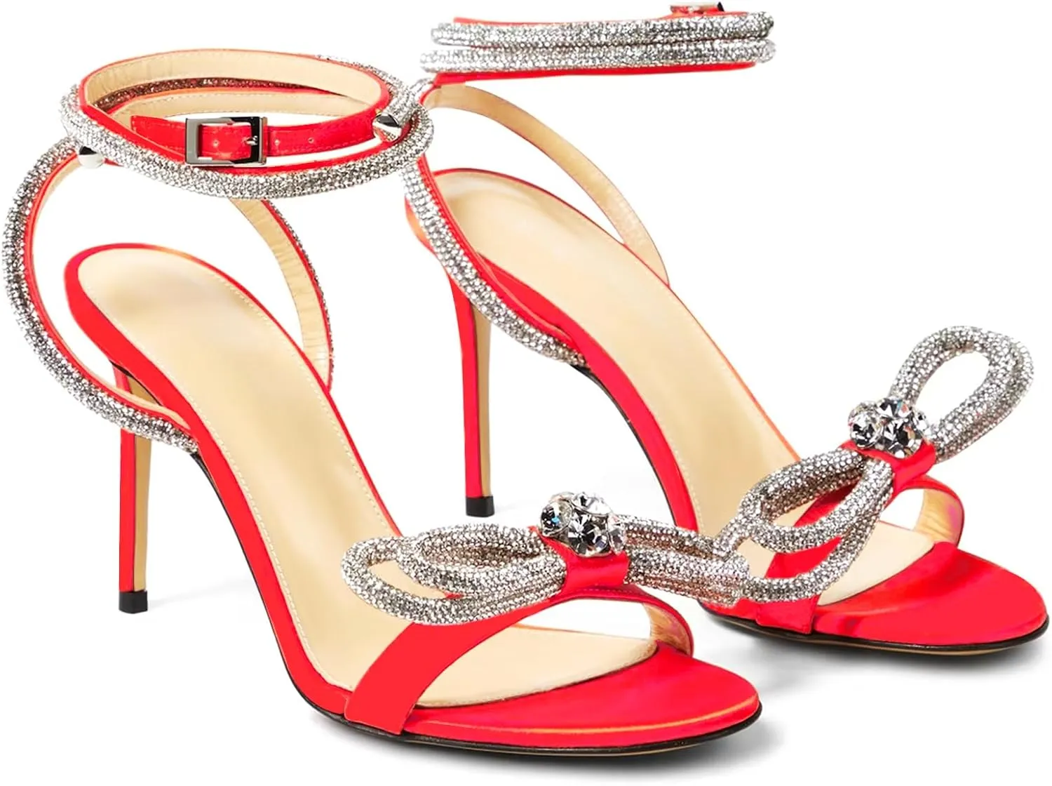 LauraVicci Women's Heeled Sandals Round Open Toe Crystal Embellished Bow Ankle Straps Rhinestone Buckle Stiletto Slip On Evening Dress Party Wedding Shoes