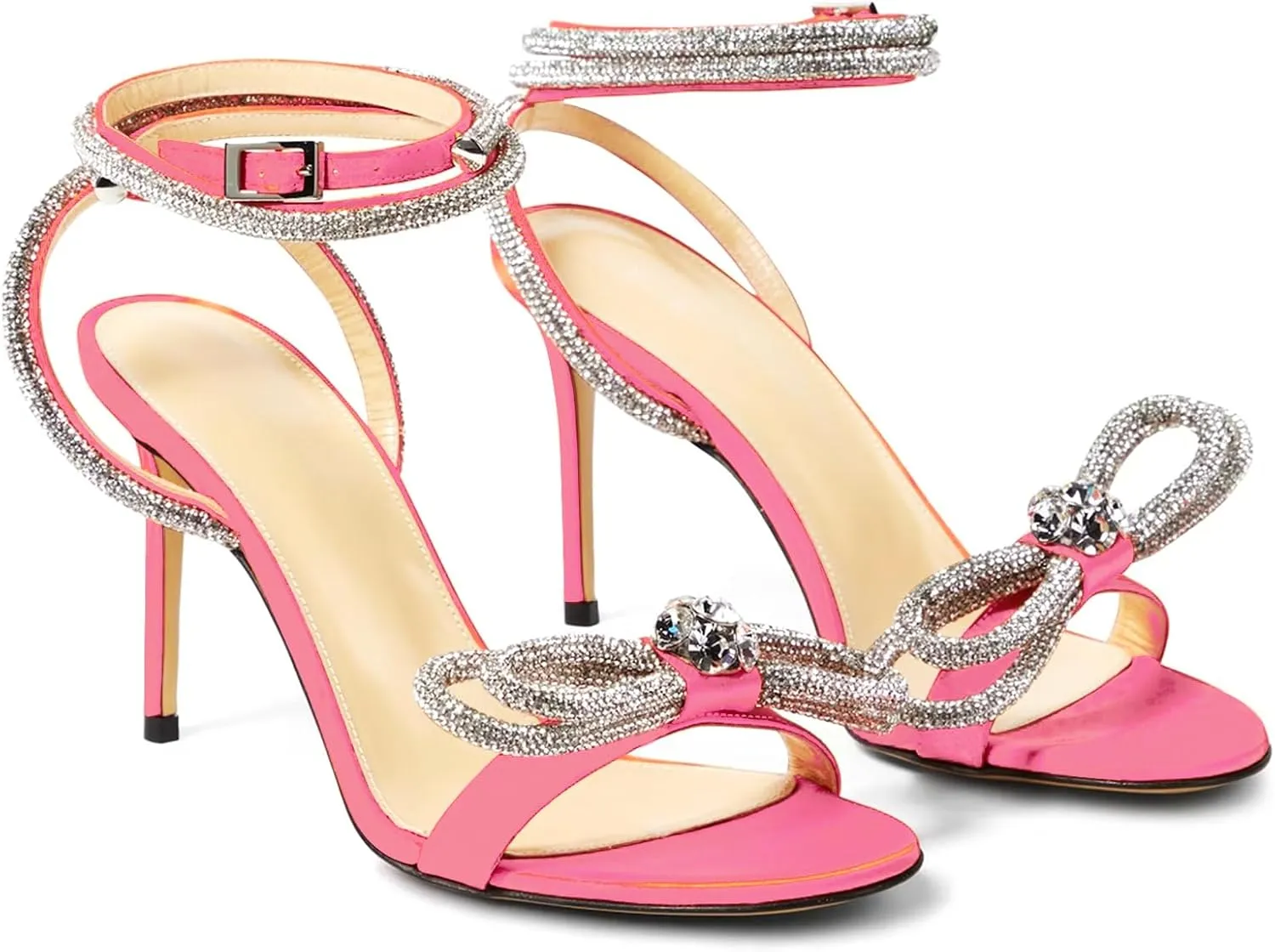 LauraVicci Women's Heeled Sandals Round Open Toe Crystal Embellished Bow Ankle Straps Rhinestone Buckle Stiletto Slip On Evening Dress Party Wedding Shoes