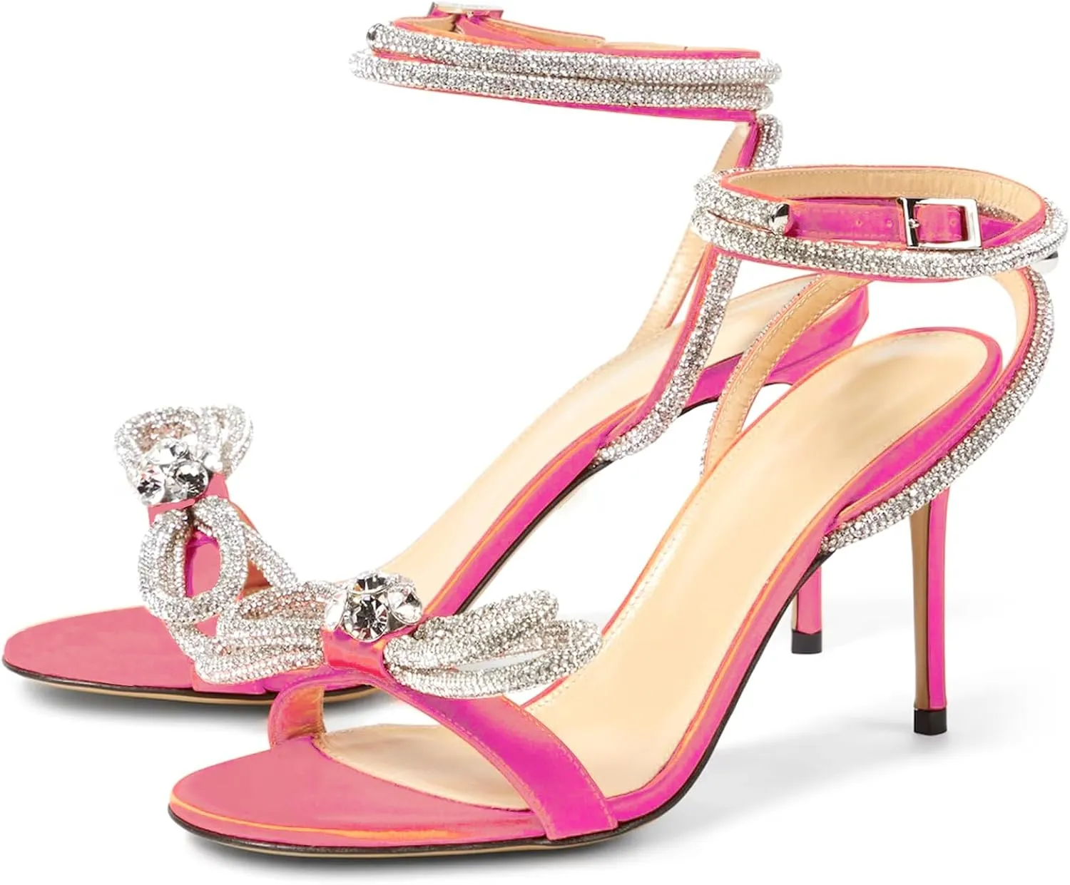 LauraVicci Women's Heeled Sandals Round Open Toe Crystal Embellished Bow Ankle Straps Rhinestone Buckle Stiletto Slip On Evening Dress Party Wedding Shoes
