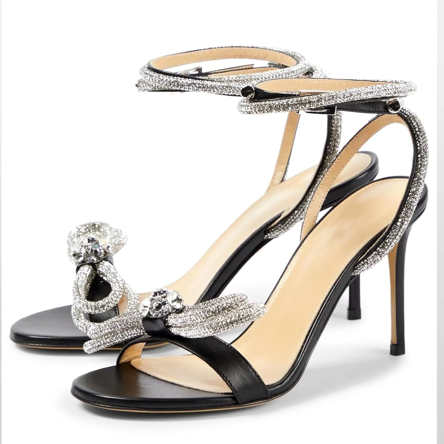 LauraVicci Women's Heeled Sandals Round Open Toe Crystal Embellished Bow Ankle Straps Rhinestone Buckle Stiletto Slip On Evening Dress Party Wedding Shoes