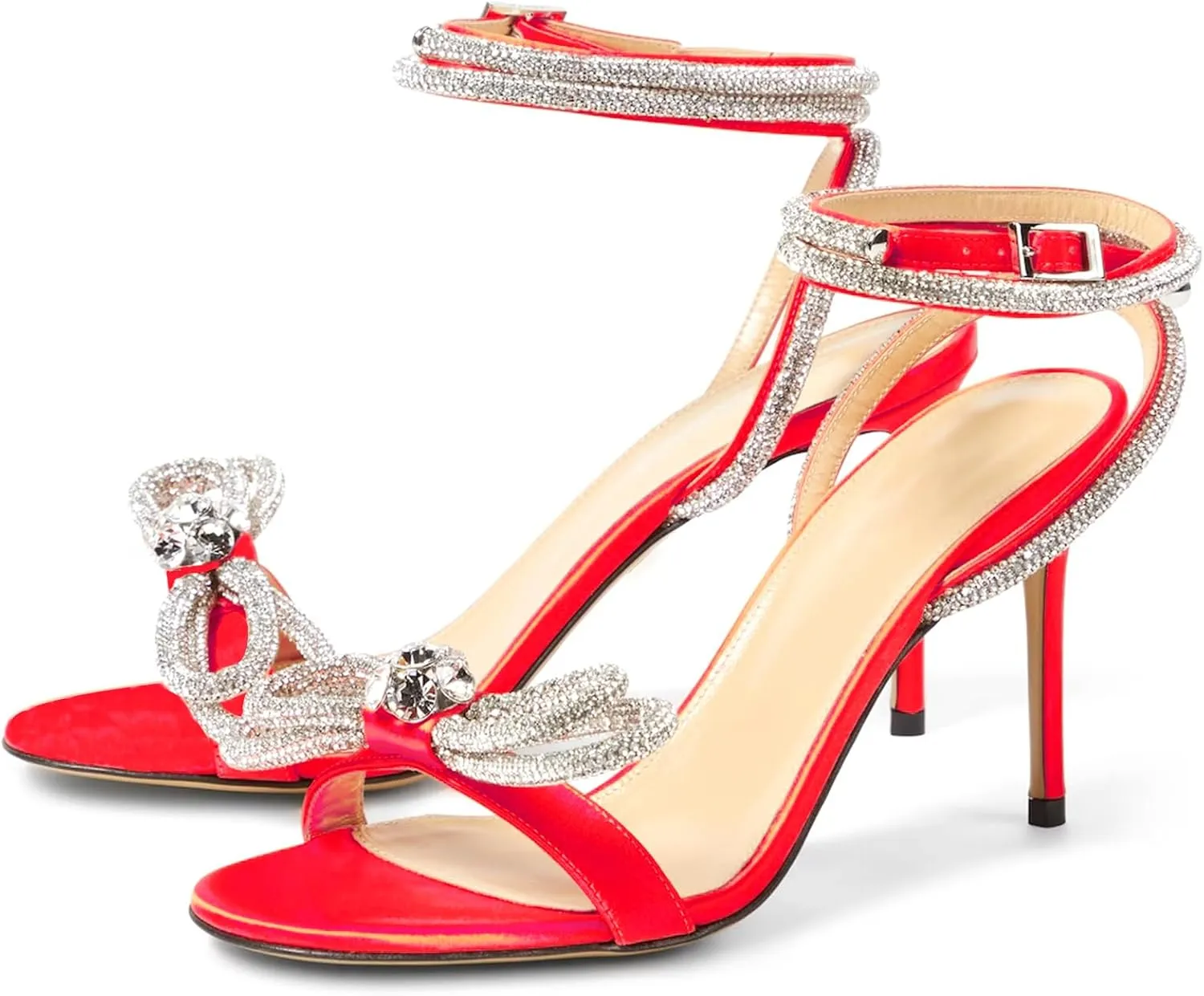 LauraVicci Women's Heeled Sandals Round Open Toe Crystal Embellished Bow Ankle Straps Rhinestone Buckle Stiletto Slip On Evening Dress Party Wedding Shoes