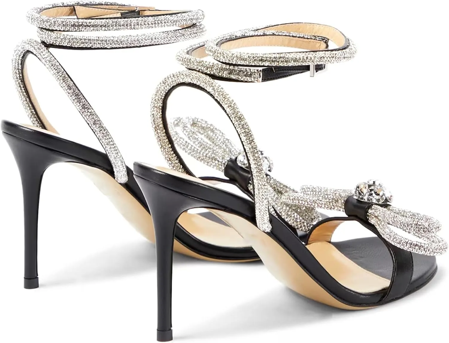 LauraVicci Women's Heeled Sandals Round Open Toe Crystal Embellished Bow Ankle Straps Rhinestone Buckle Stiletto Slip On Evening Dress Party Wedding Shoes