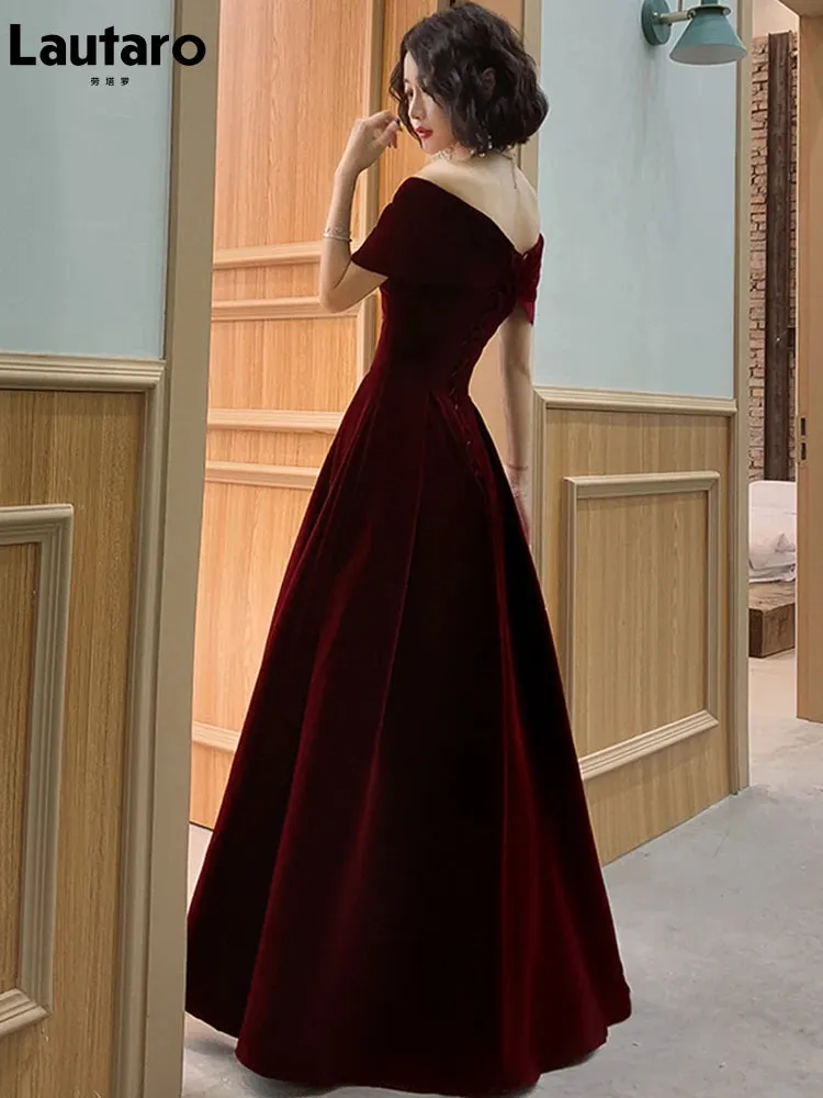 Lautaro Spring Long Luxury Elegant Wine Red Soft Velvet Evening Party Wedding Dress