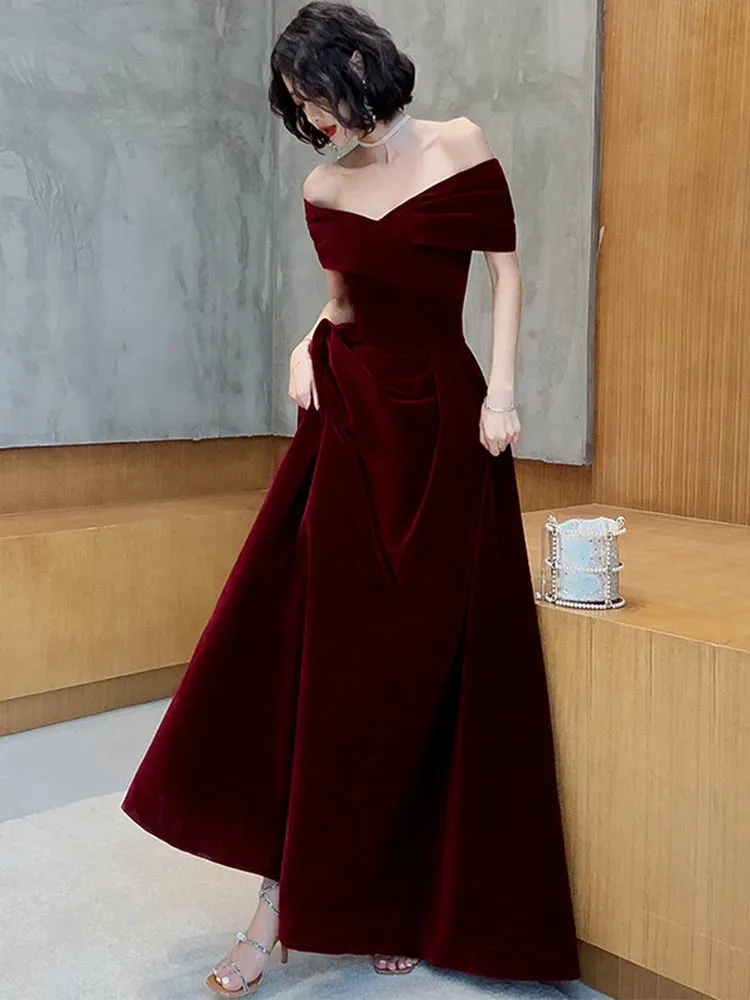Lautaro Spring Long Luxury Elegant Wine Red Soft Velvet Evening Party Wedding Dress