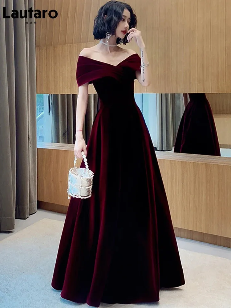 Lautaro Spring Long Luxury Elegant Wine Red Soft Velvet Evening Party Wedding Dress