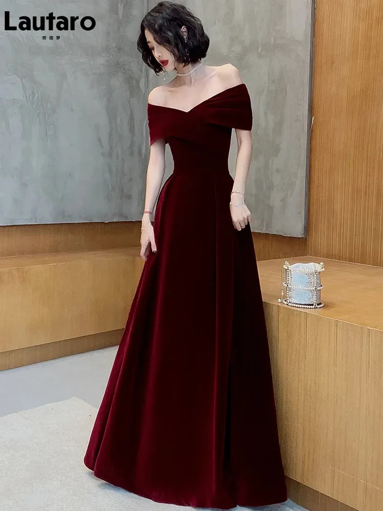 Lautaro Spring Long Luxury Elegant Wine Red Soft Velvet Evening Party Wedding Dress